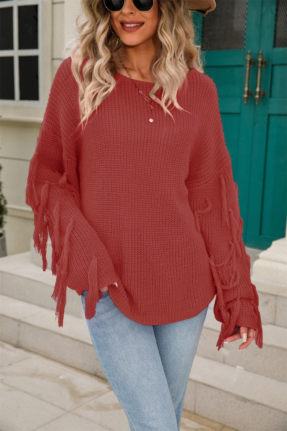 Fringe Round Neck Dropped Shoulder Sweater - Tantalize Boutique