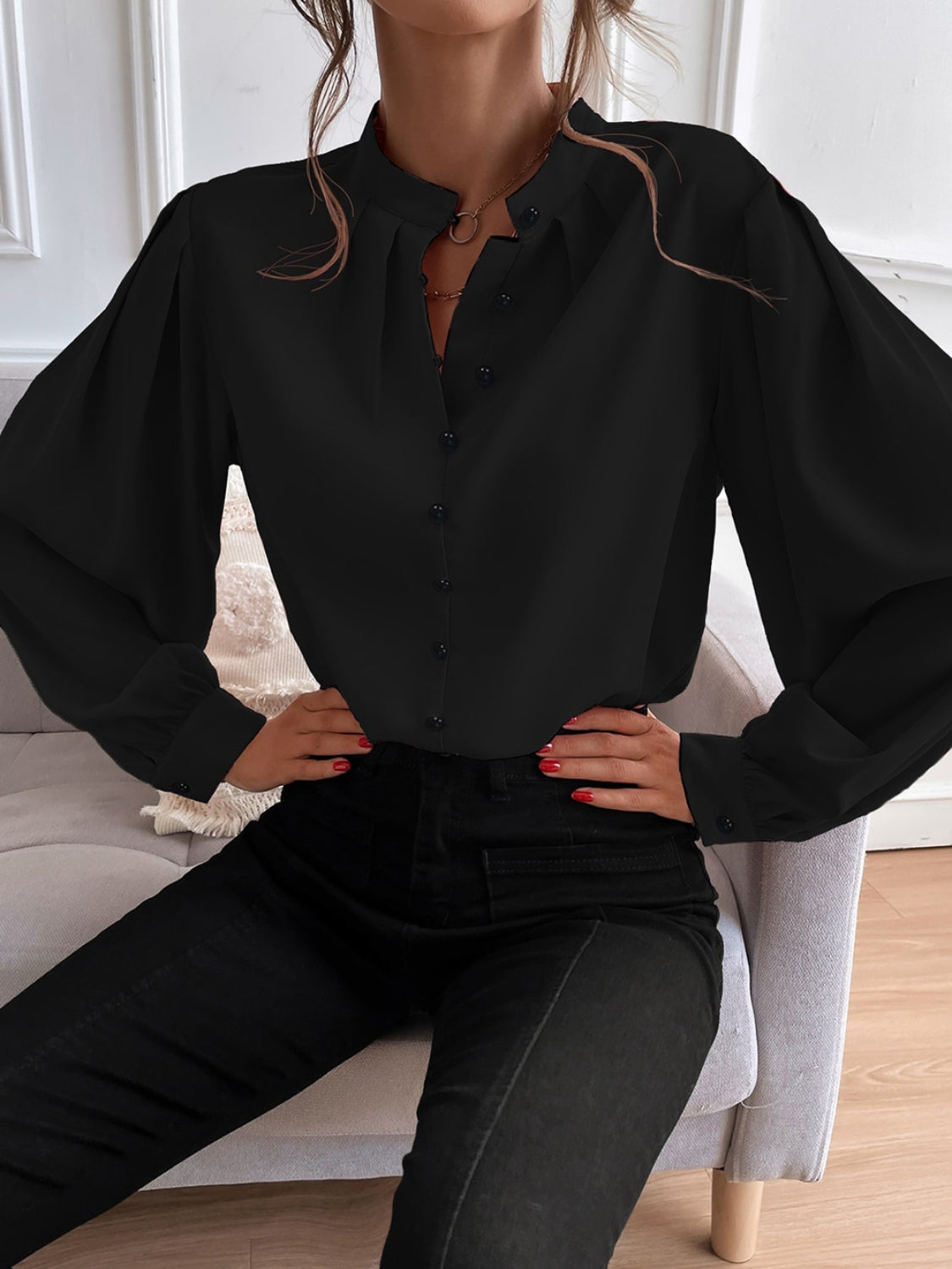 Mock Neck Button Front Shirt - Tantalize Boutique
