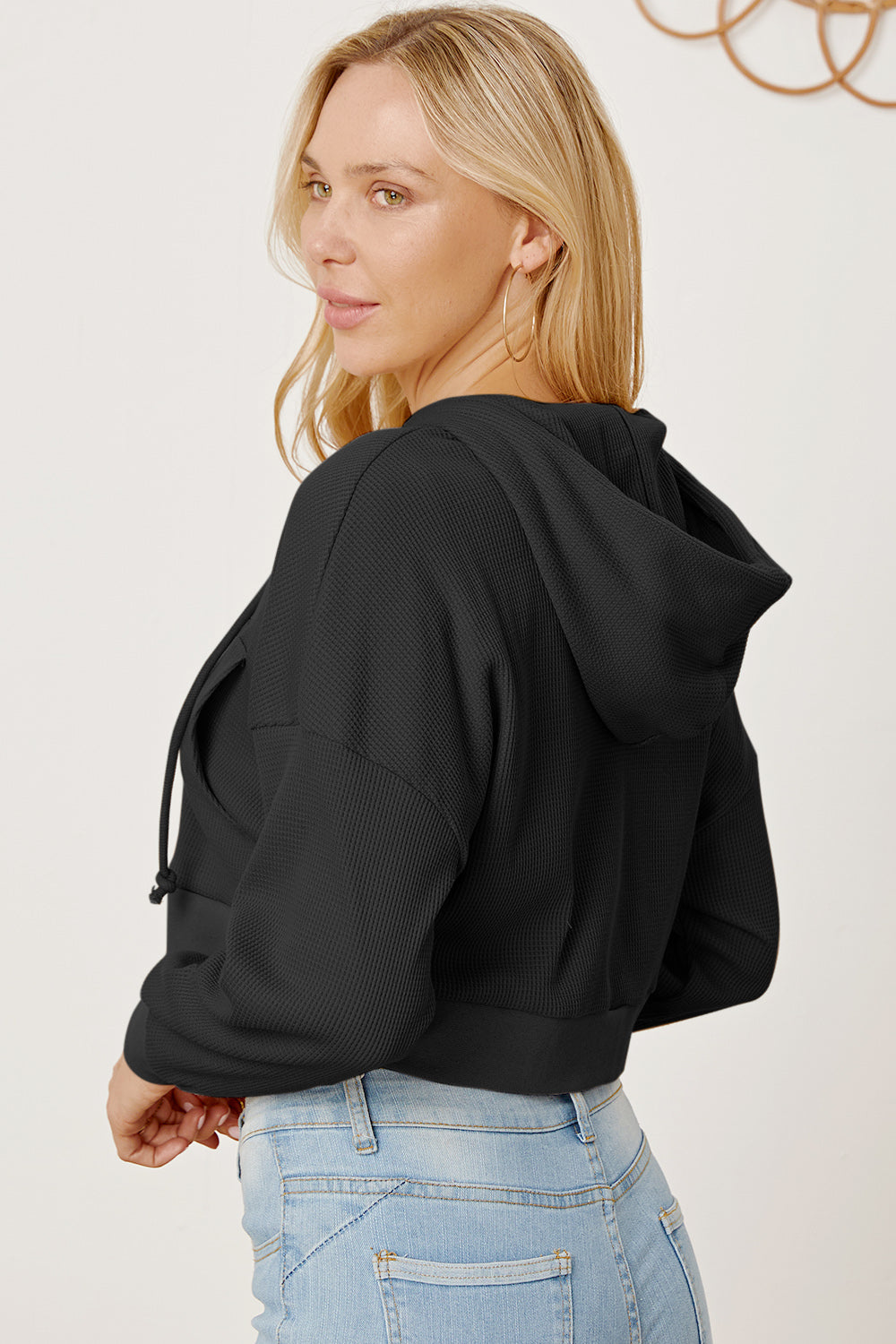 Waffle-Knit Drawstring Zip Up Hoodie - Tantalize Boutique