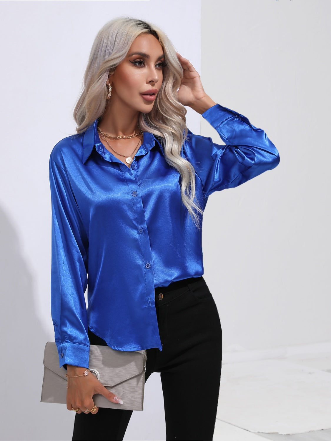 Collared Neck Buttoned Long Sleeve Shirt - Tantalize Boutique