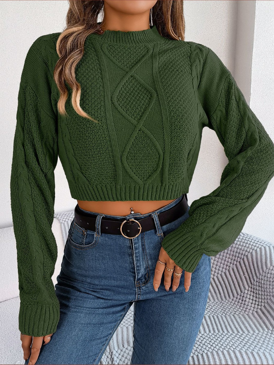 Cable-Knit Round Neck Cropped Sweater - Tantalize Boutique