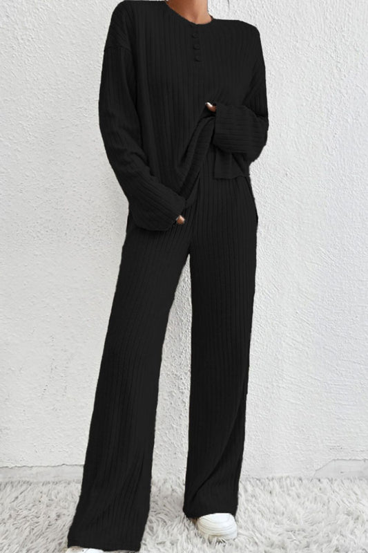 Quarter Button Dropped Shoulder Top and Pants Set - Tantalize Boutique