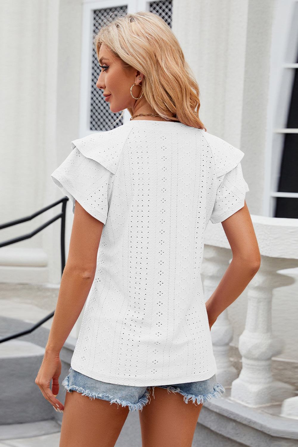 Eyelet Notched Short Sleeve T-Shirt - Tantalize Boutique