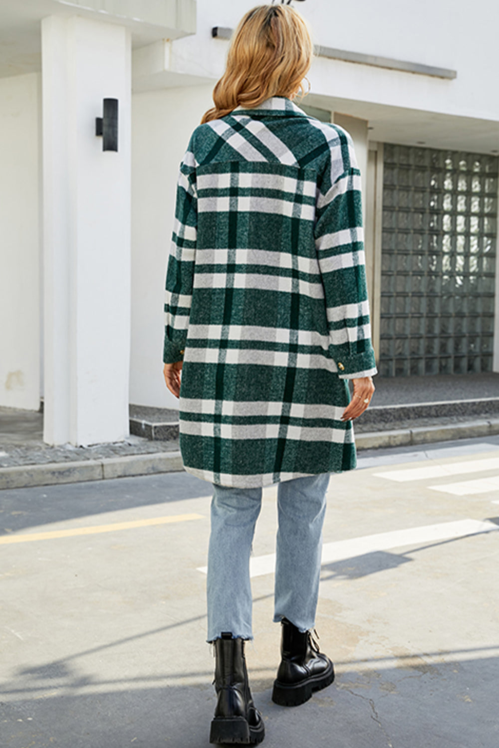 Plaid Button Up Collared Neck Coat with Pockets - Tantalize Boutique