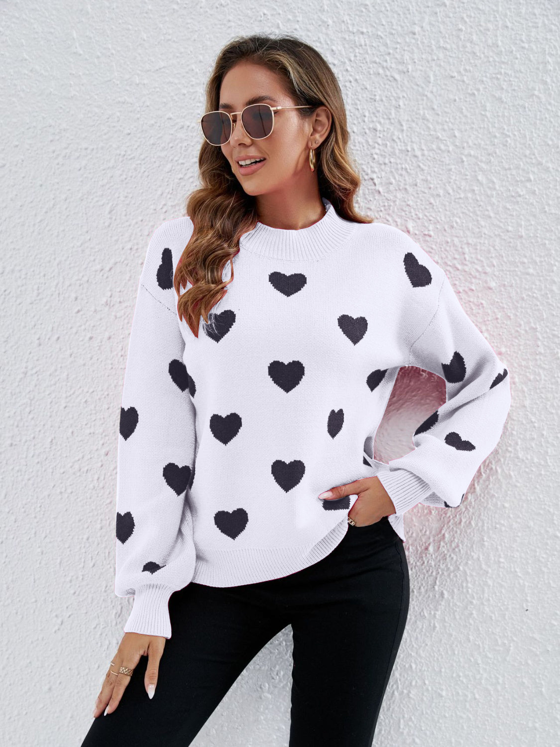 Heart Round Neck Dropped Shoulder Sweater - Tantalize Boutique