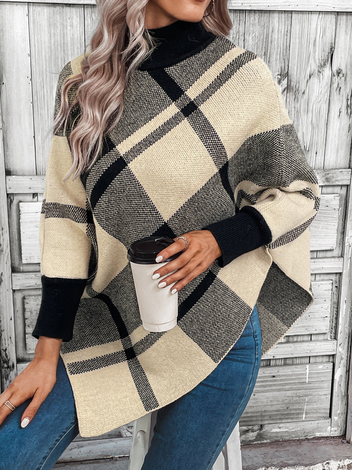 Plaid Turtleneck Poncho - Tantalize Boutique