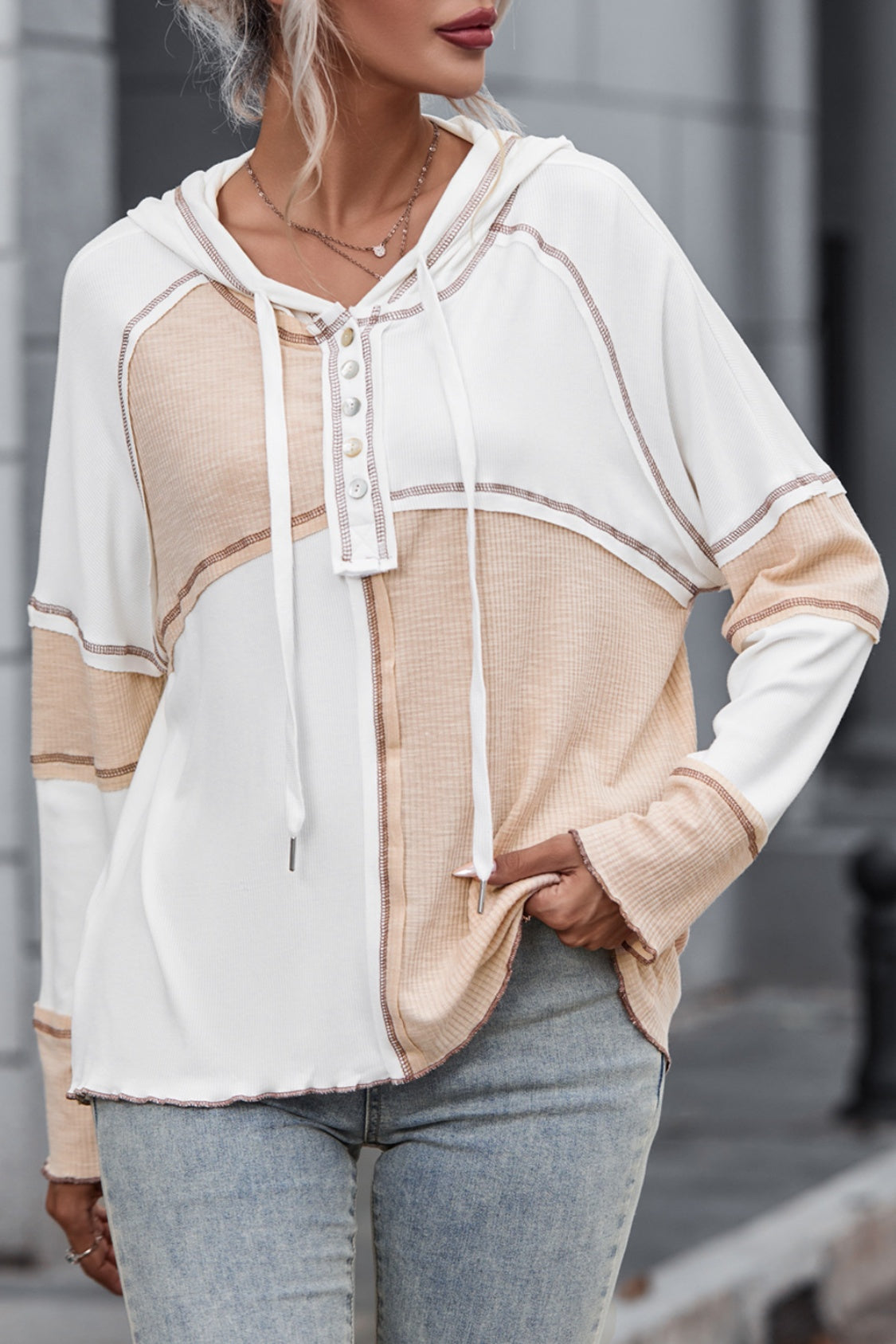 Multicolor Colorblock Ribbed Henley Hoodie - Tantalize Boutique