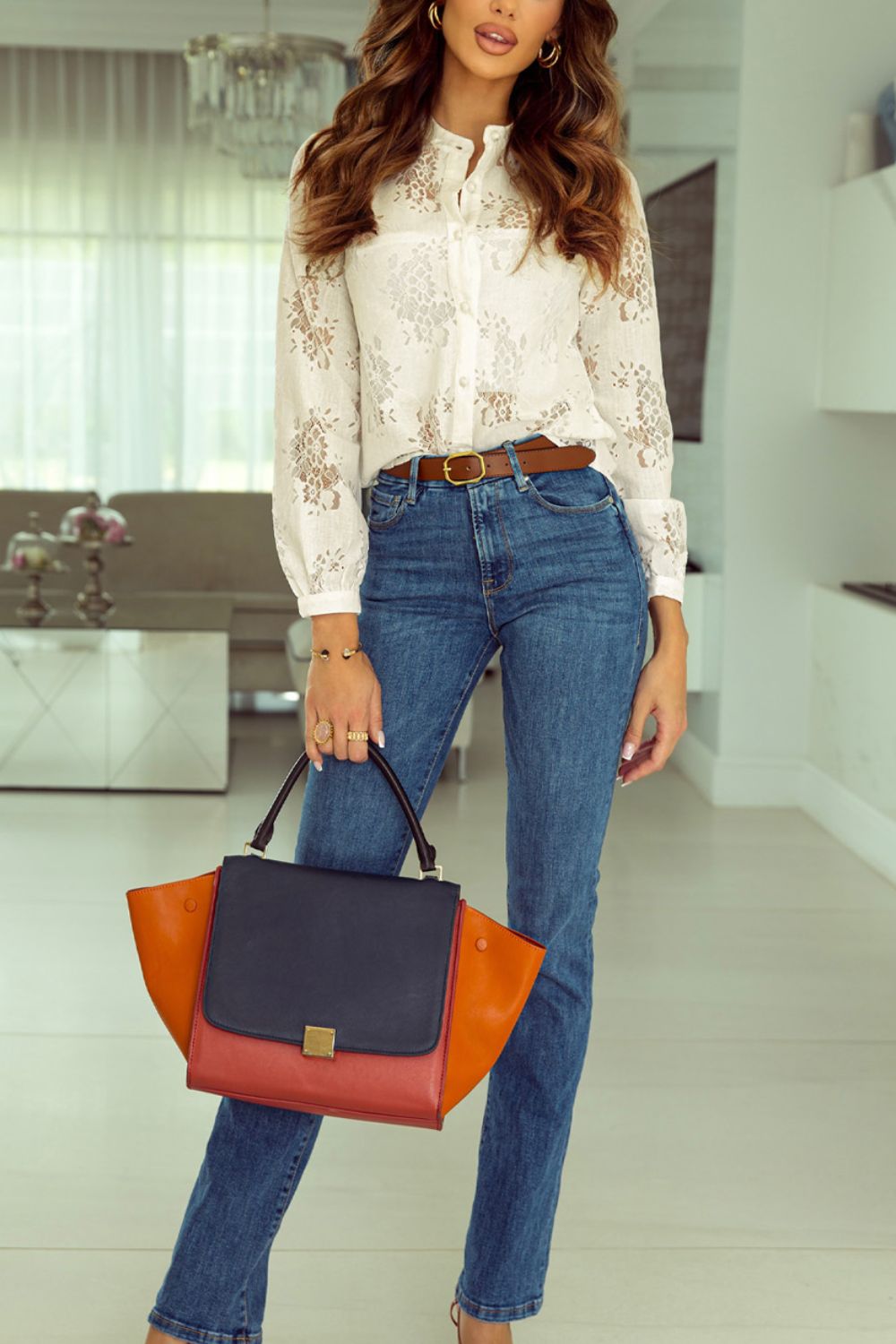 Lace Detail Button Up Long Sleeve Shirt - Tantalize Boutique