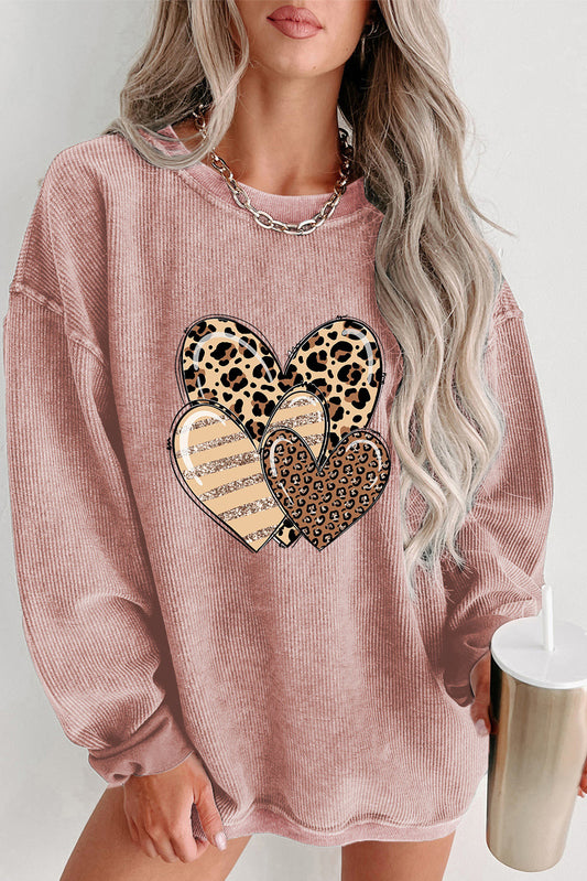 Heart Ribbed Round Neck Sweatshirt - Tantalize Boutique