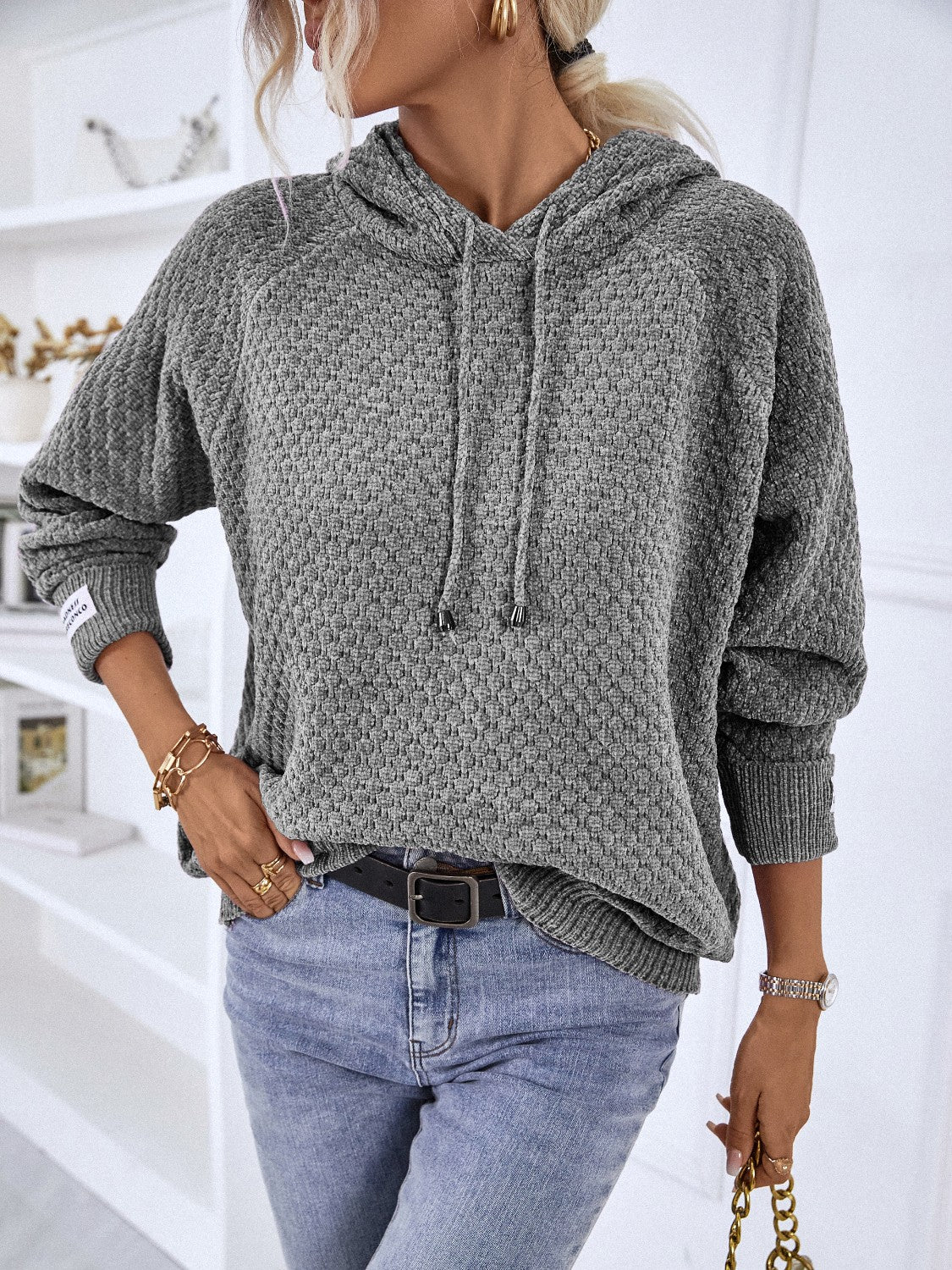 Texture Drawstring Long Sleeve Hooded Sweater - Tantalize Boutique