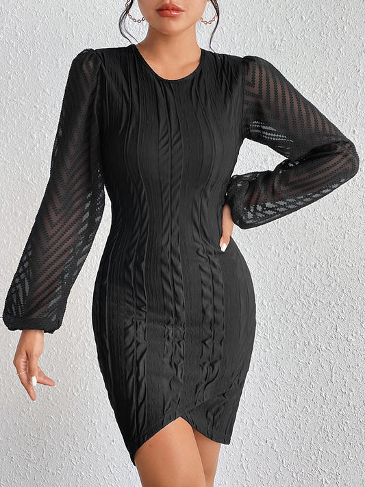 Round Neck Puff Sleeve Tulip Hem Mini Dress - Tantalize Boutique