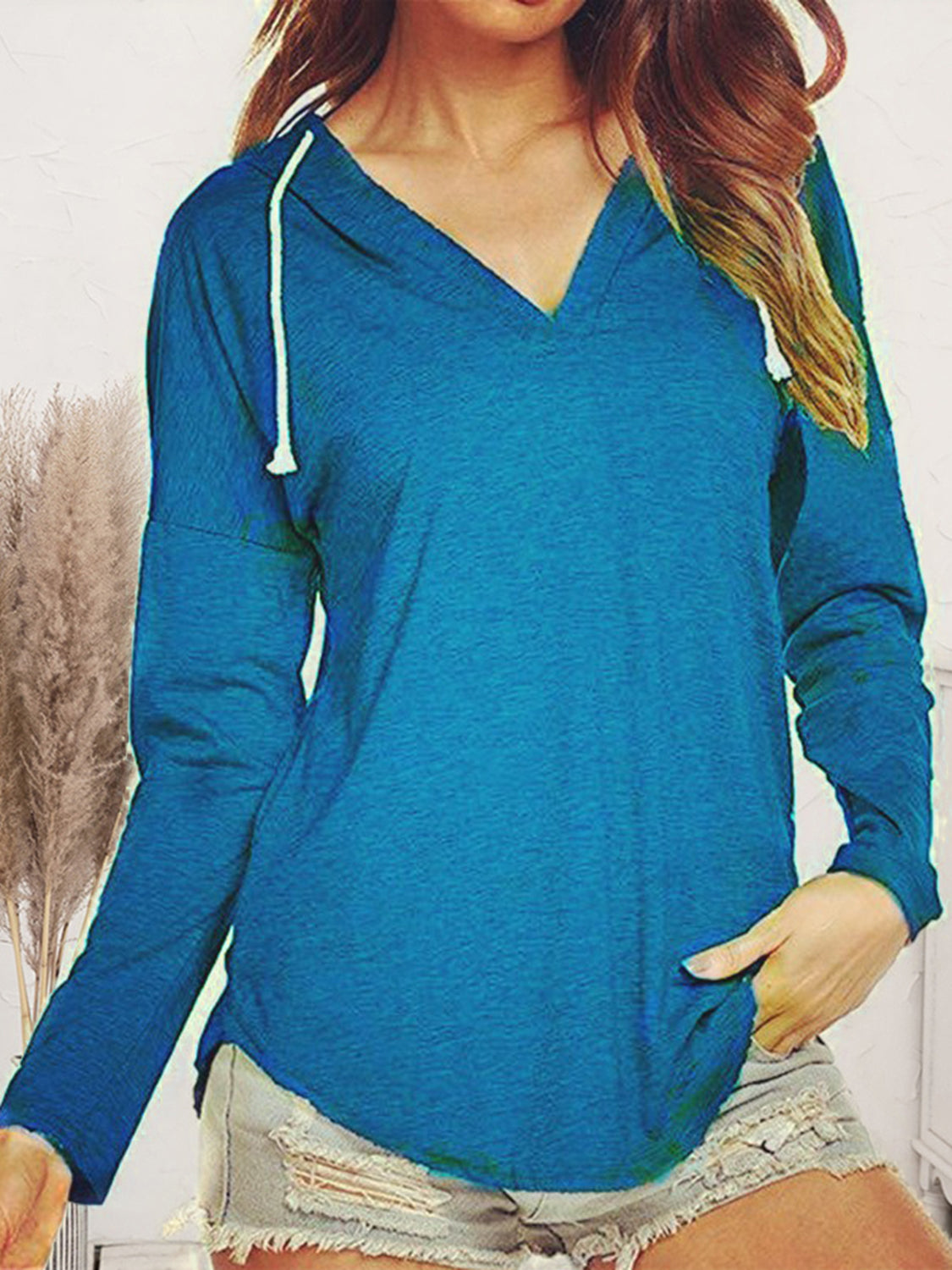 Drawstring Dropped Shoulder Long Sleeve Hoodie - Tantalize Boutique