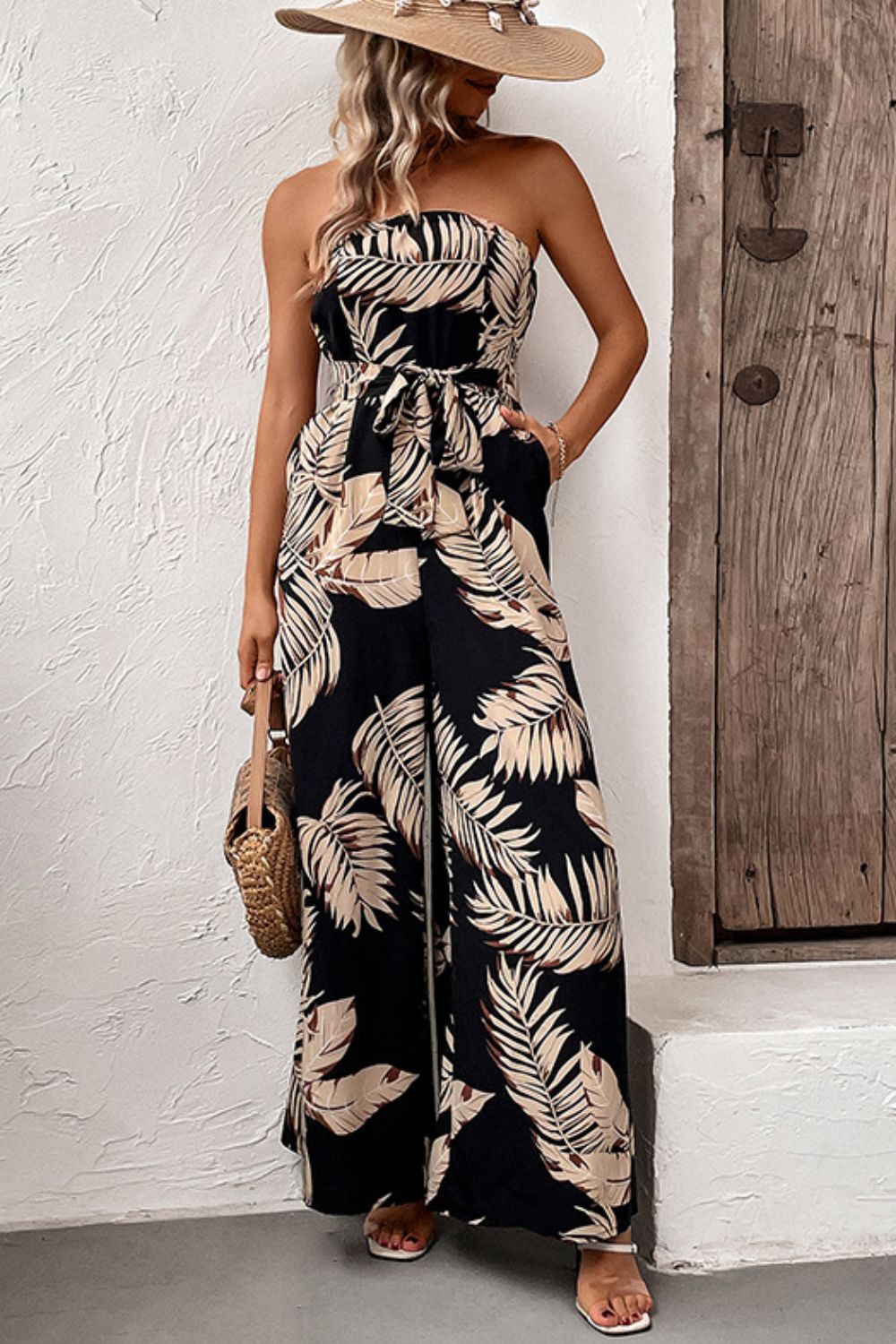 Printed Strapless Wide Leg Jumpsuit with Pockets - Tantalize Boutique