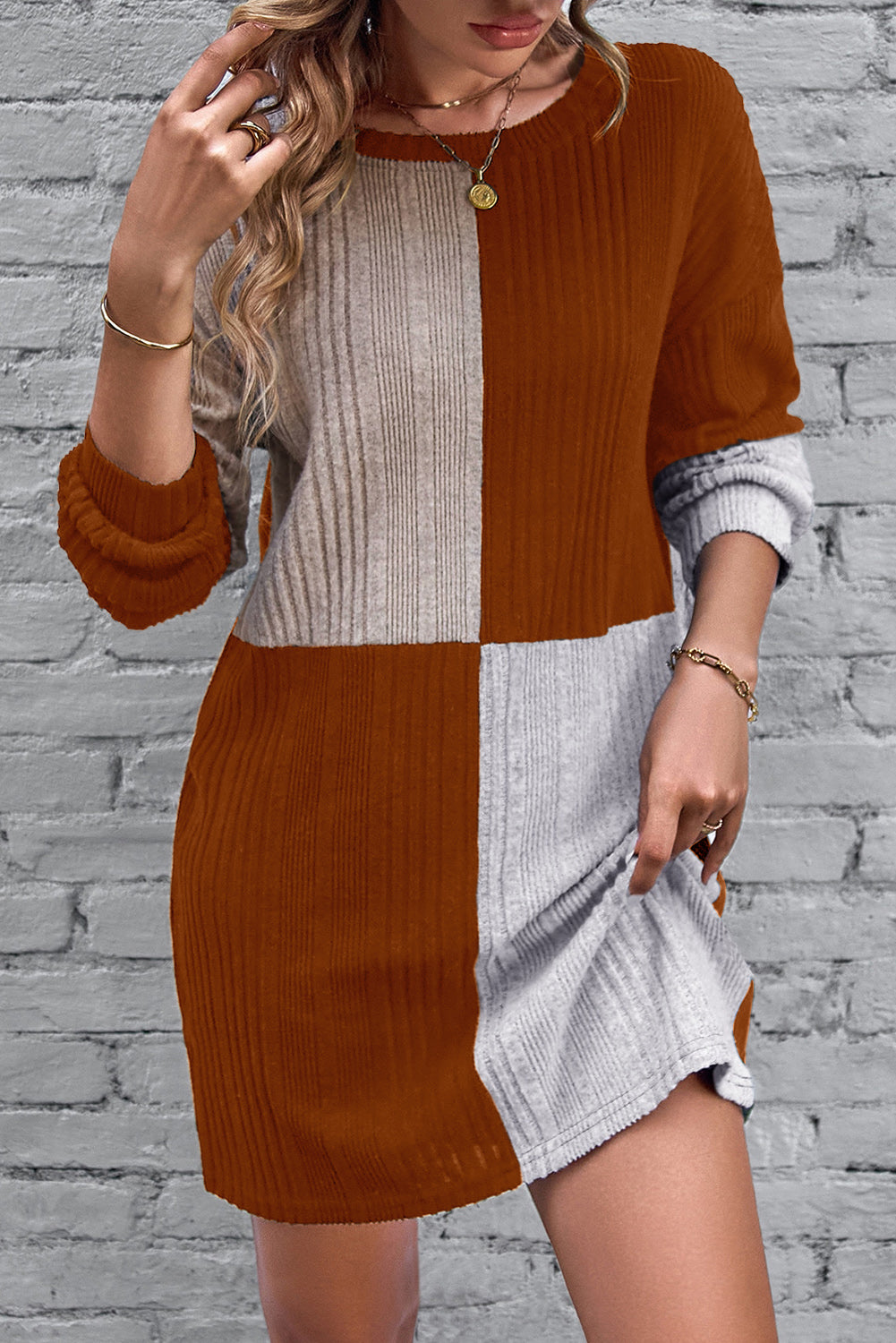 Textured Color Block Round Neck Dress - Tantalize Boutique
