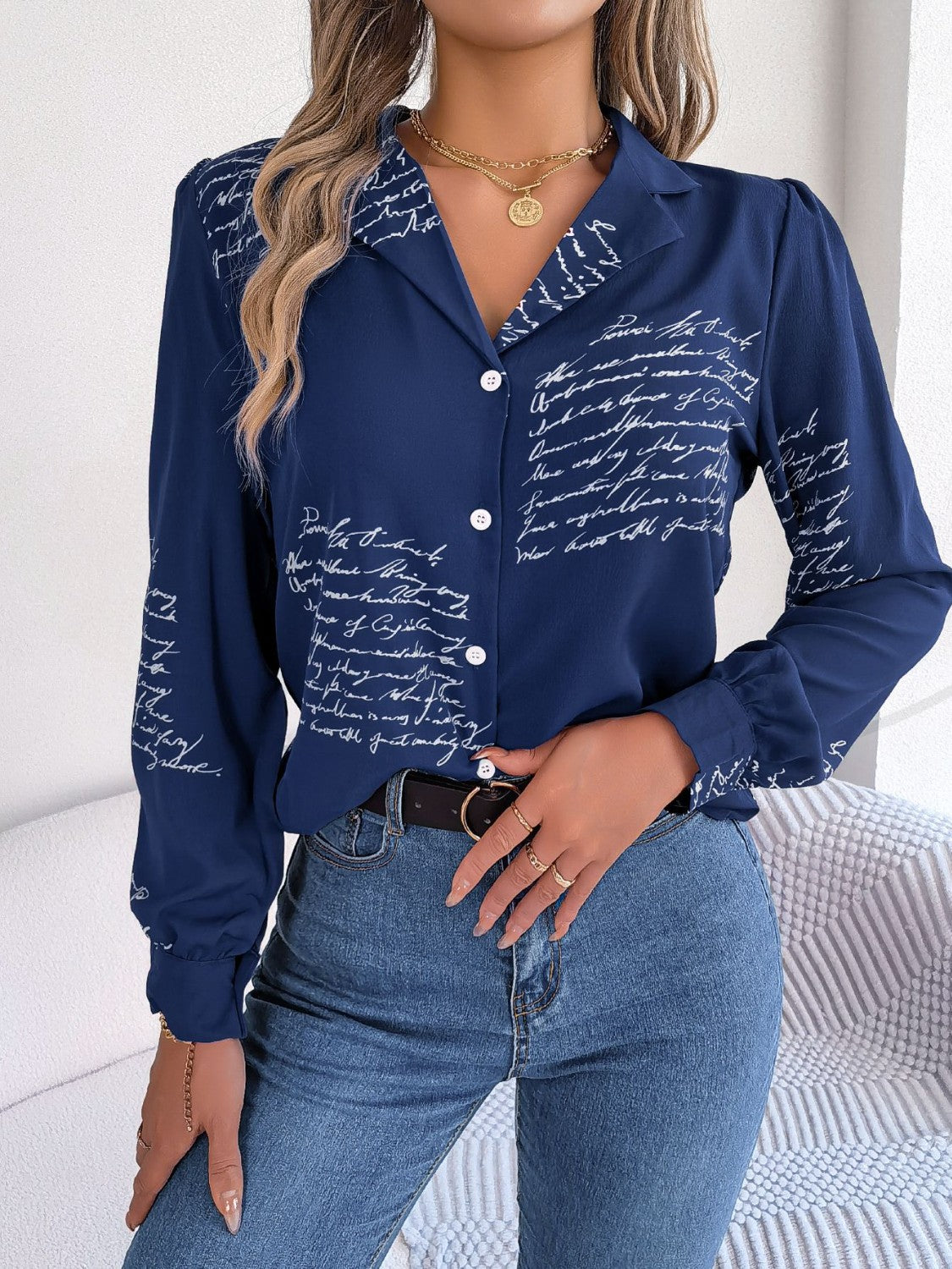 Letter Printed Button Up Long Sleeve Blouse - Tantalize Boutique