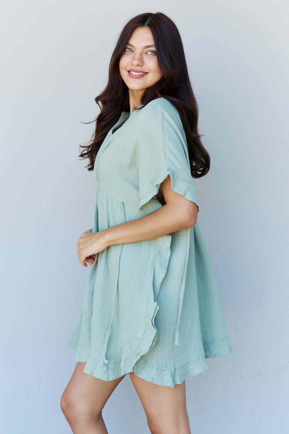 Ninexis Out Of Time Full Size Ruffle Hem Dress with Drawstring Waistband in Light Sage - Tantalize Boutique