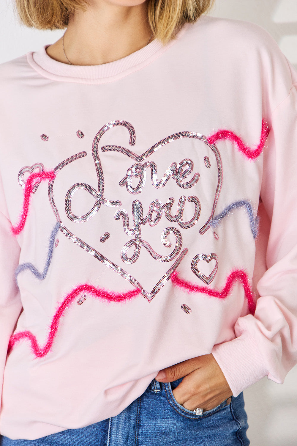 LOVE YOU Heart Sequin Round Neck Sweatshirt - Tantalize Boutique