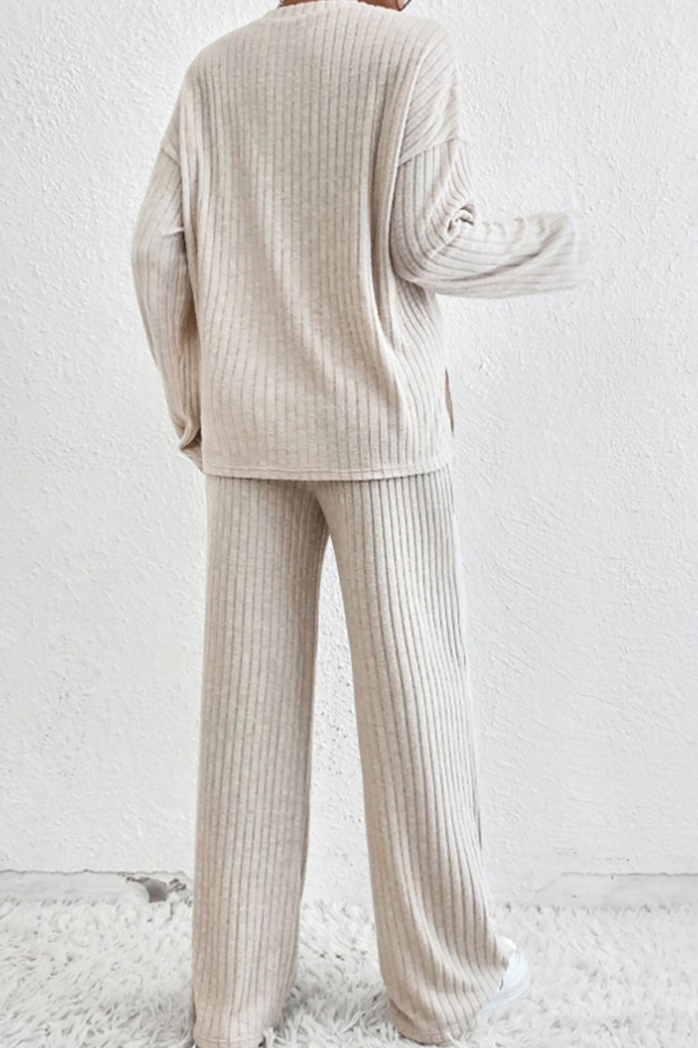 Quarter Button Dropped Shoulder Top and Pants Set - Tantalize Boutique