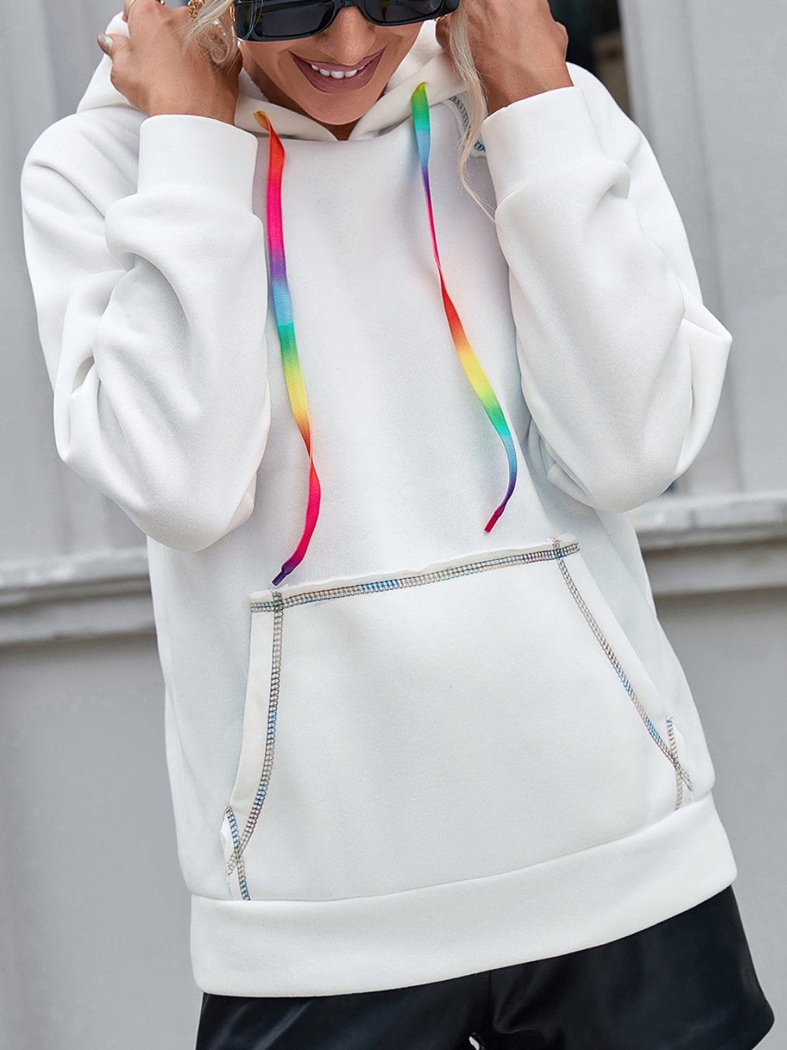 Contrast Stitching Drawstring Raglan Sleeve Hoodie - Tantalize Boutique