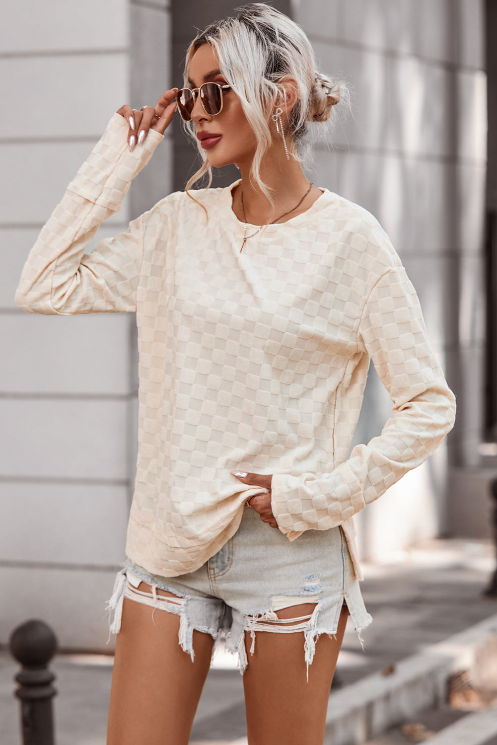 Checkered Round Neck Long Sleeve T-Shirt - Tantalize Boutique