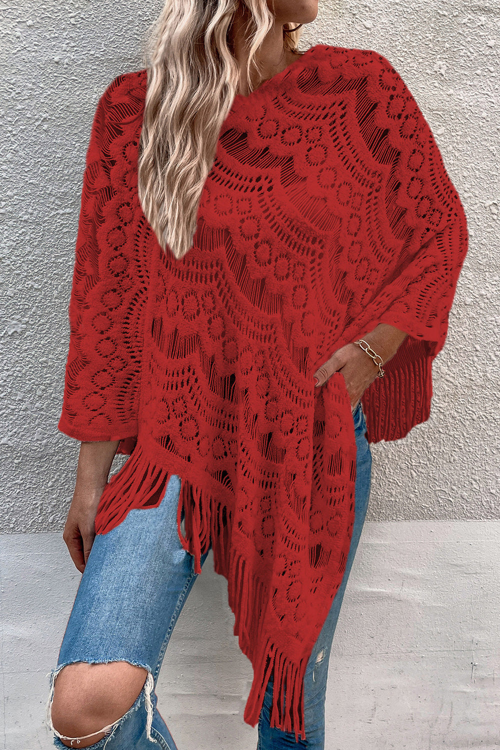 Openwork Fringe Detail Poncho - Tantalize Boutique