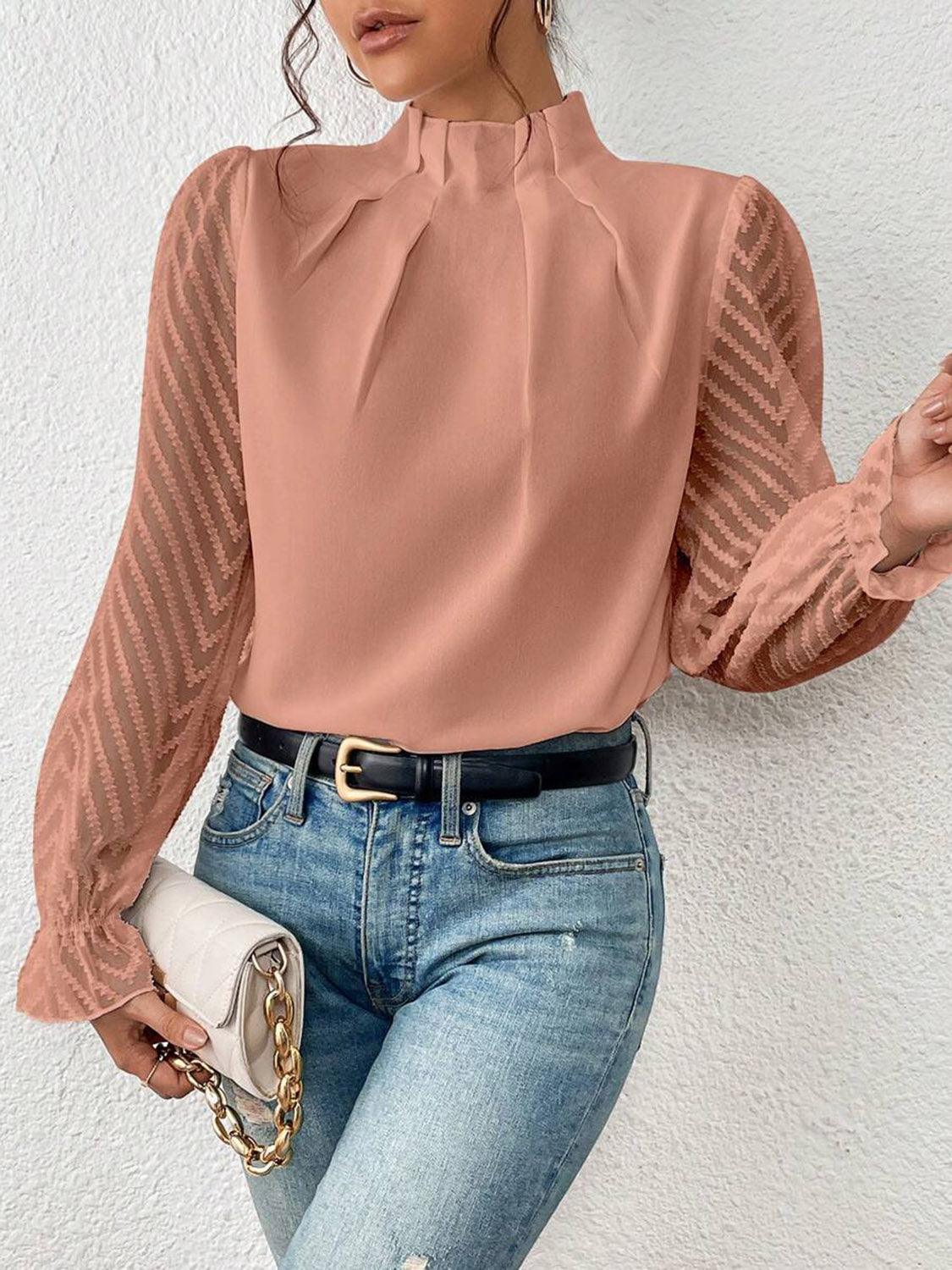 Mock Neck Flounce Sleeve Blouse - Tantalize Boutique