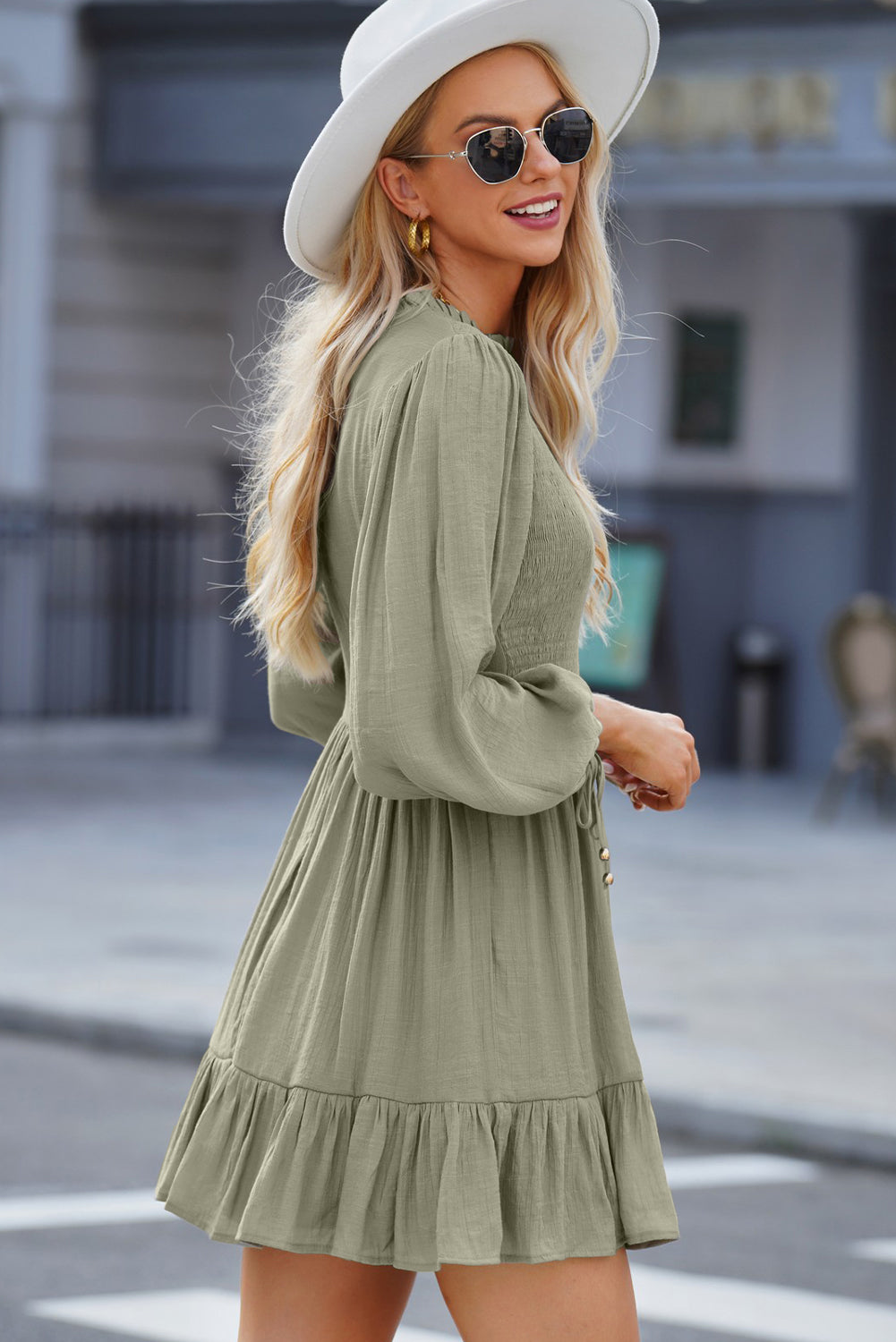 Smocked Tied Balloon Sleeve Mini Dress - Tantalize Boutique
