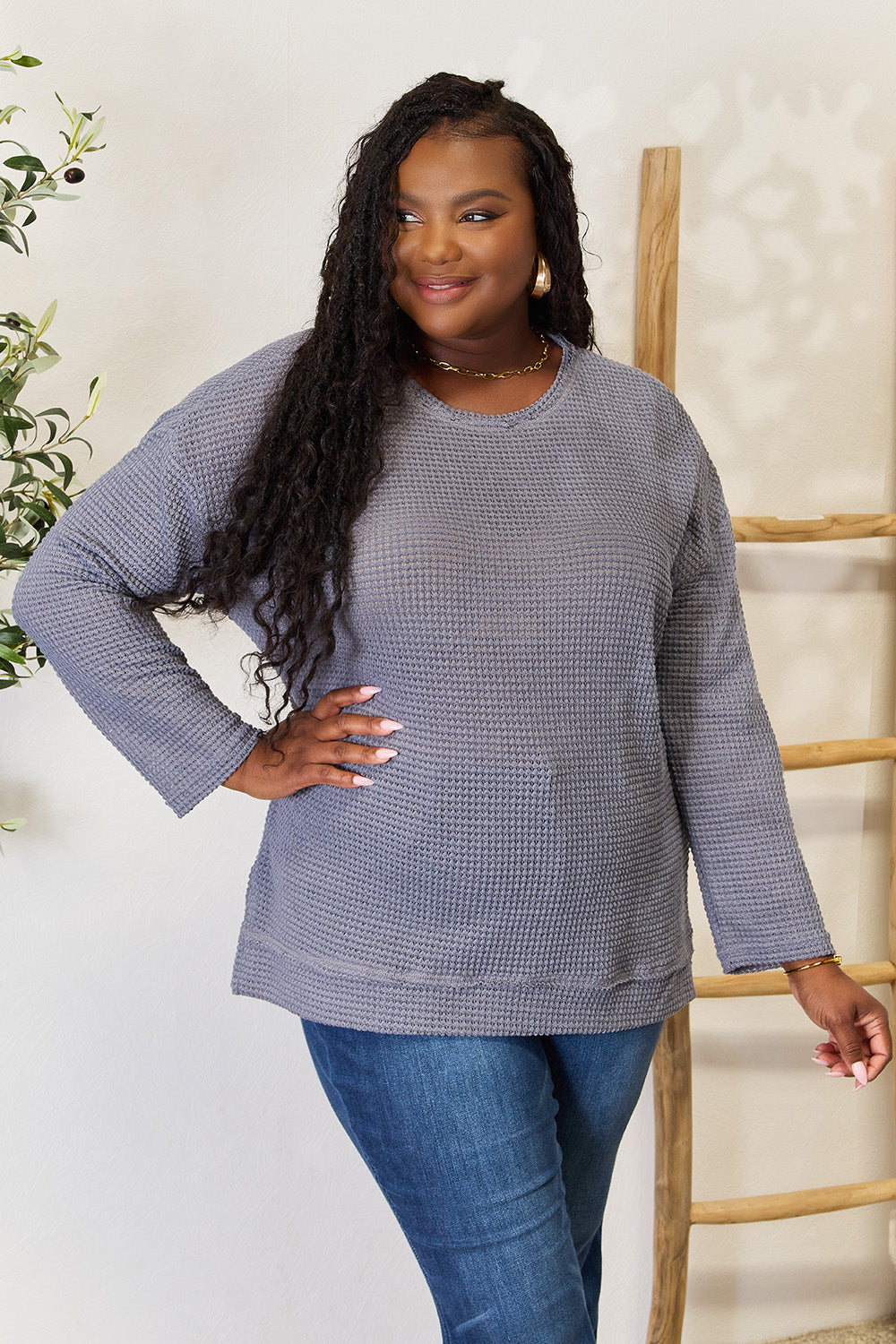 Basic Bae Waffle-Knit Round Neck Long Sleeve Slit Sweatshirt - Tantalize Boutique