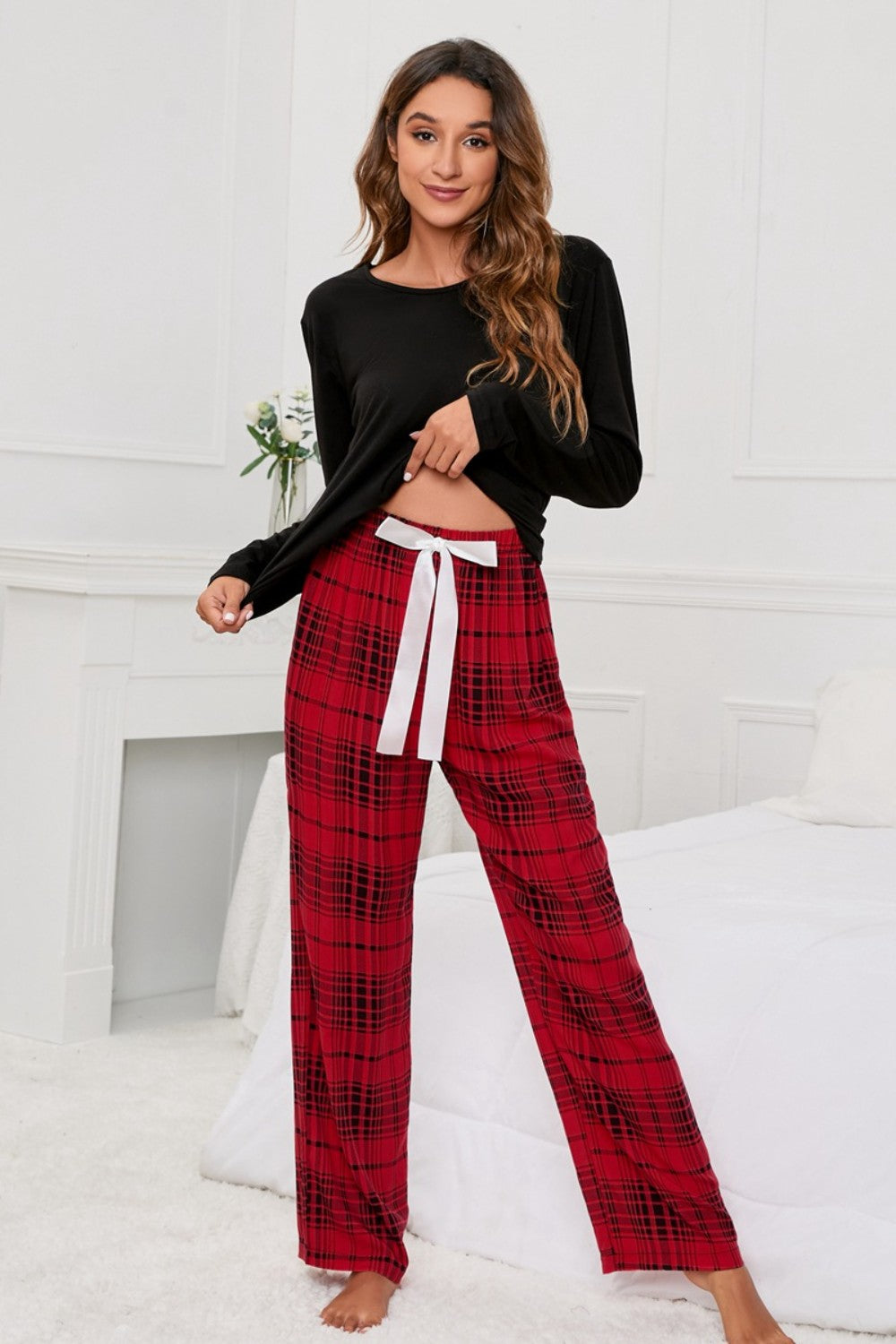 Round Neck Long Sleeve Top and Bow Plaid Pants Lounge Set - Tantalize Boutique