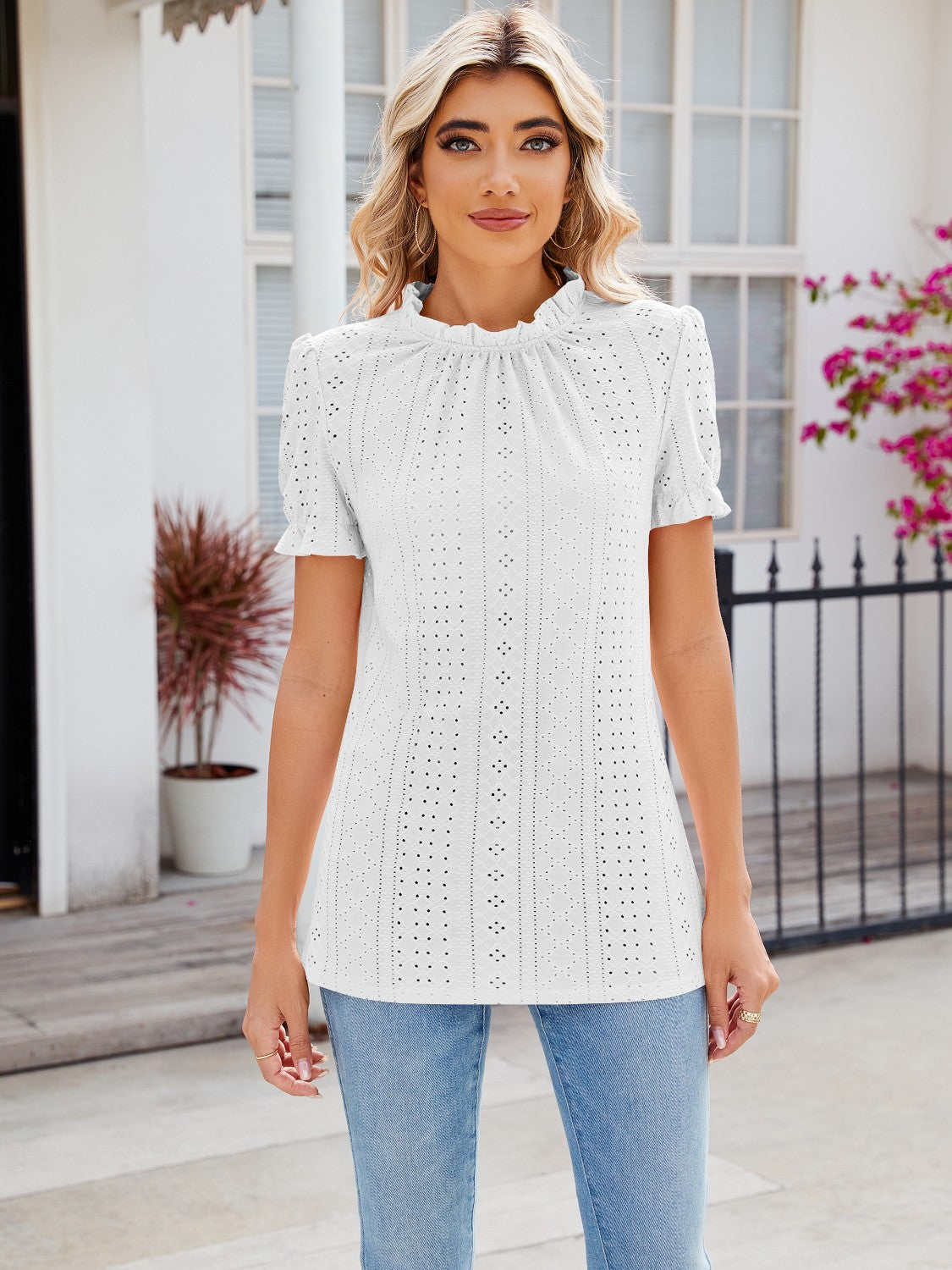 Eyelet Frill Mock Neck Flounce Sleeve Blouse - Tantalize Boutique