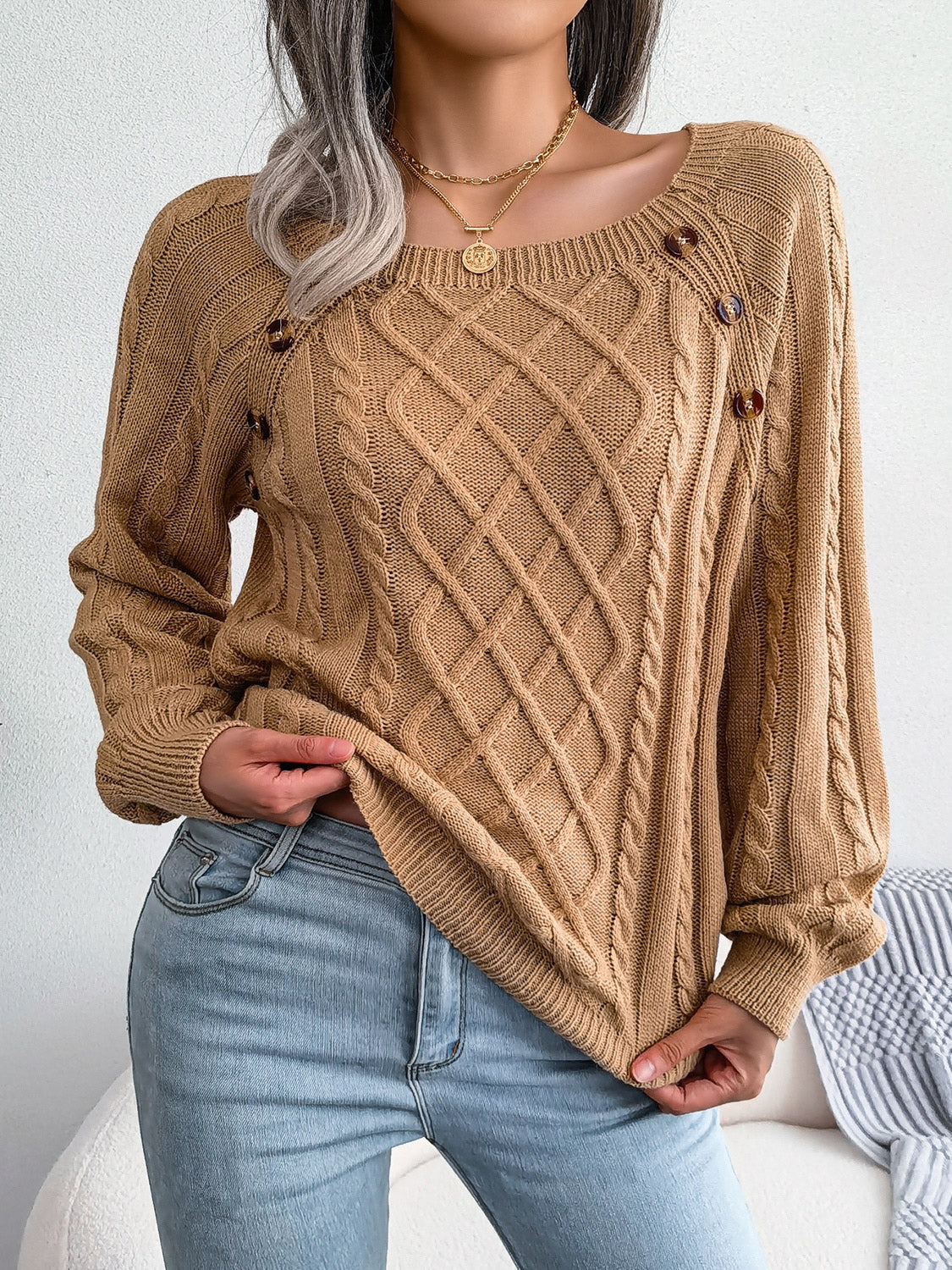 Decorative Button Cable-Knit Sweater - Tantalize Boutique