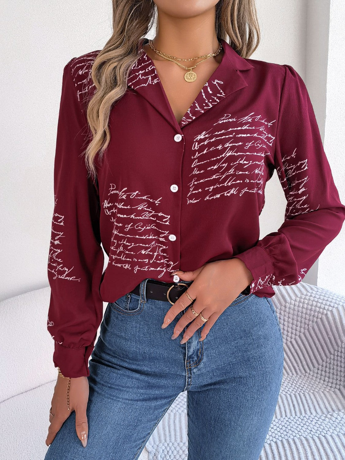 Letter Printed Button Up Long Sleeve Blouse - Tantalize Boutique