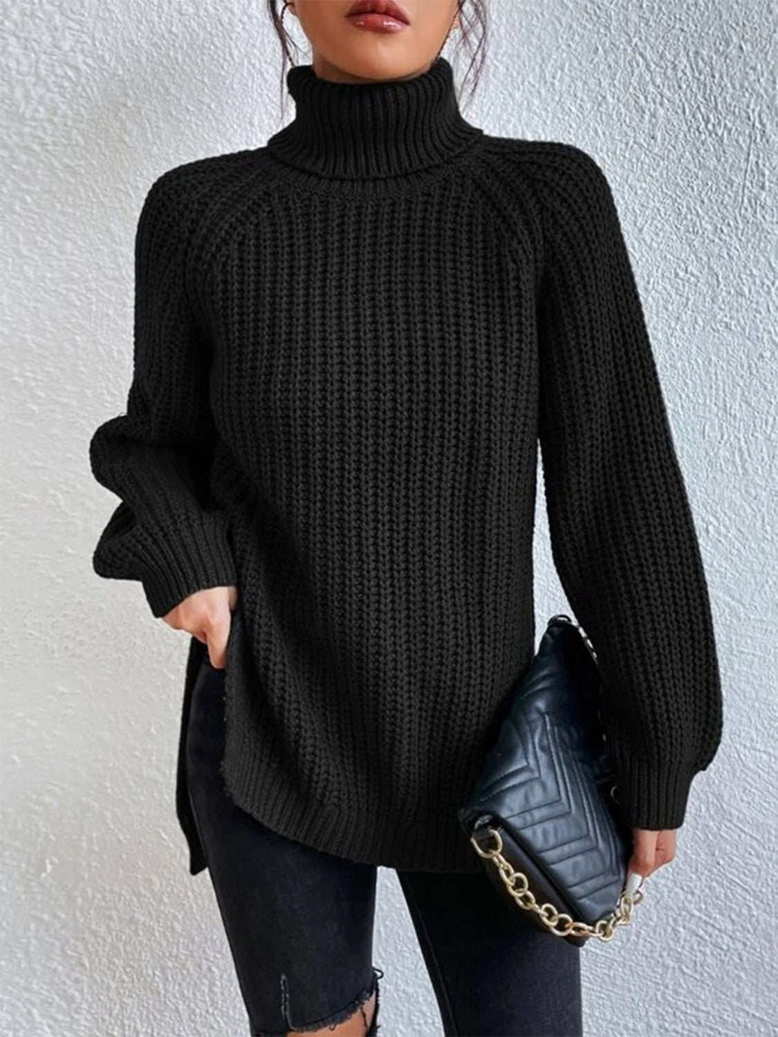 Full Size Turtleneck Rib-Knit Slit Sweater - Tantalize Boutique