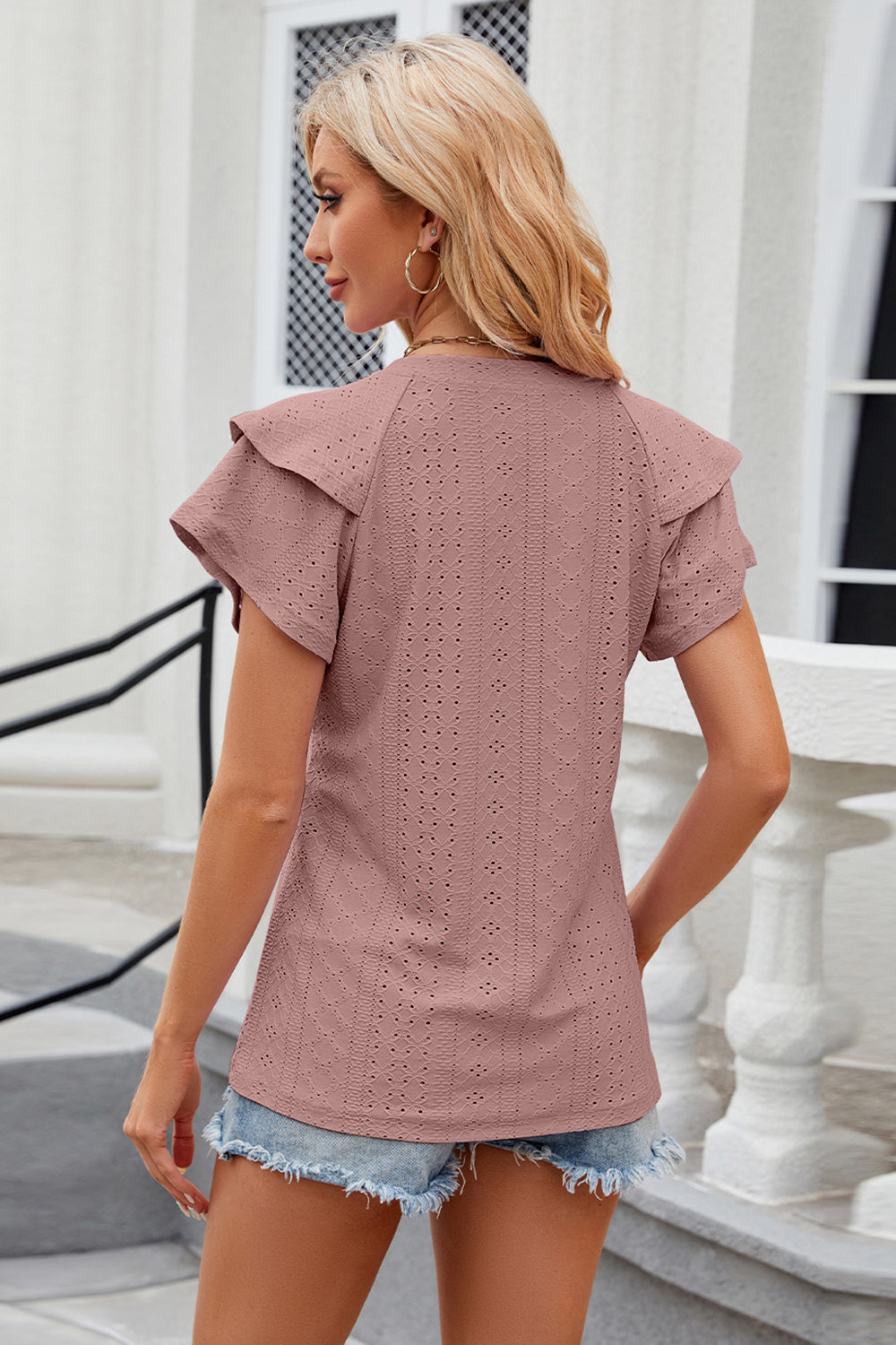 Eyelet Notched Short Sleeve T-Shirt - Tantalize Boutique