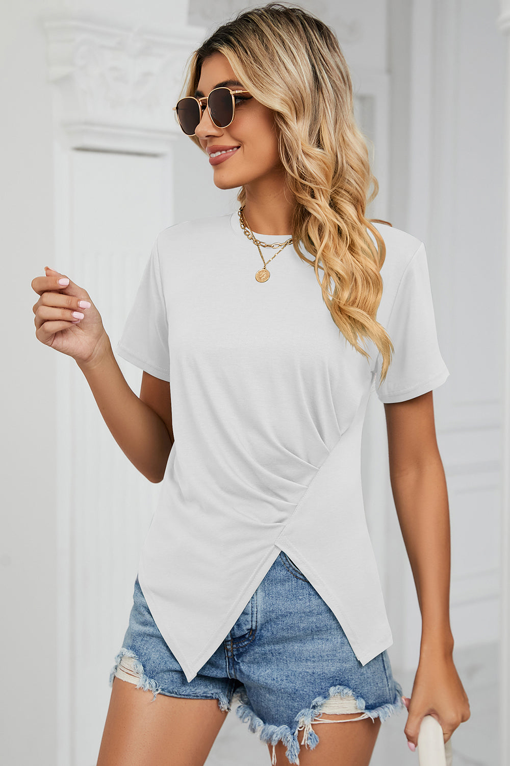 Ruched Round Neck Short Sleeve T-Shirt - Tantalize Boutique