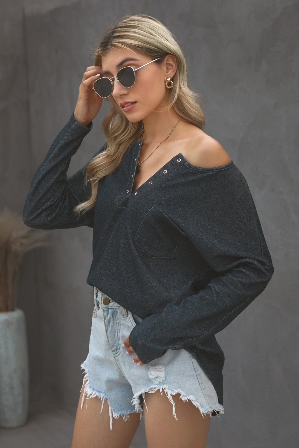 Grommet Long Sleeve V-Neck Top - Tantalize Boutique