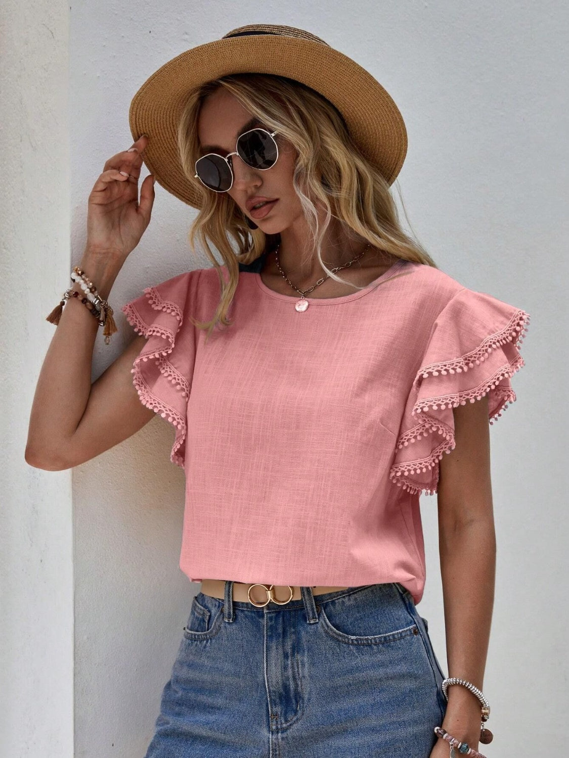 Ruffled Cap Sleeve Round Neck Blouse - Tantalize Boutique