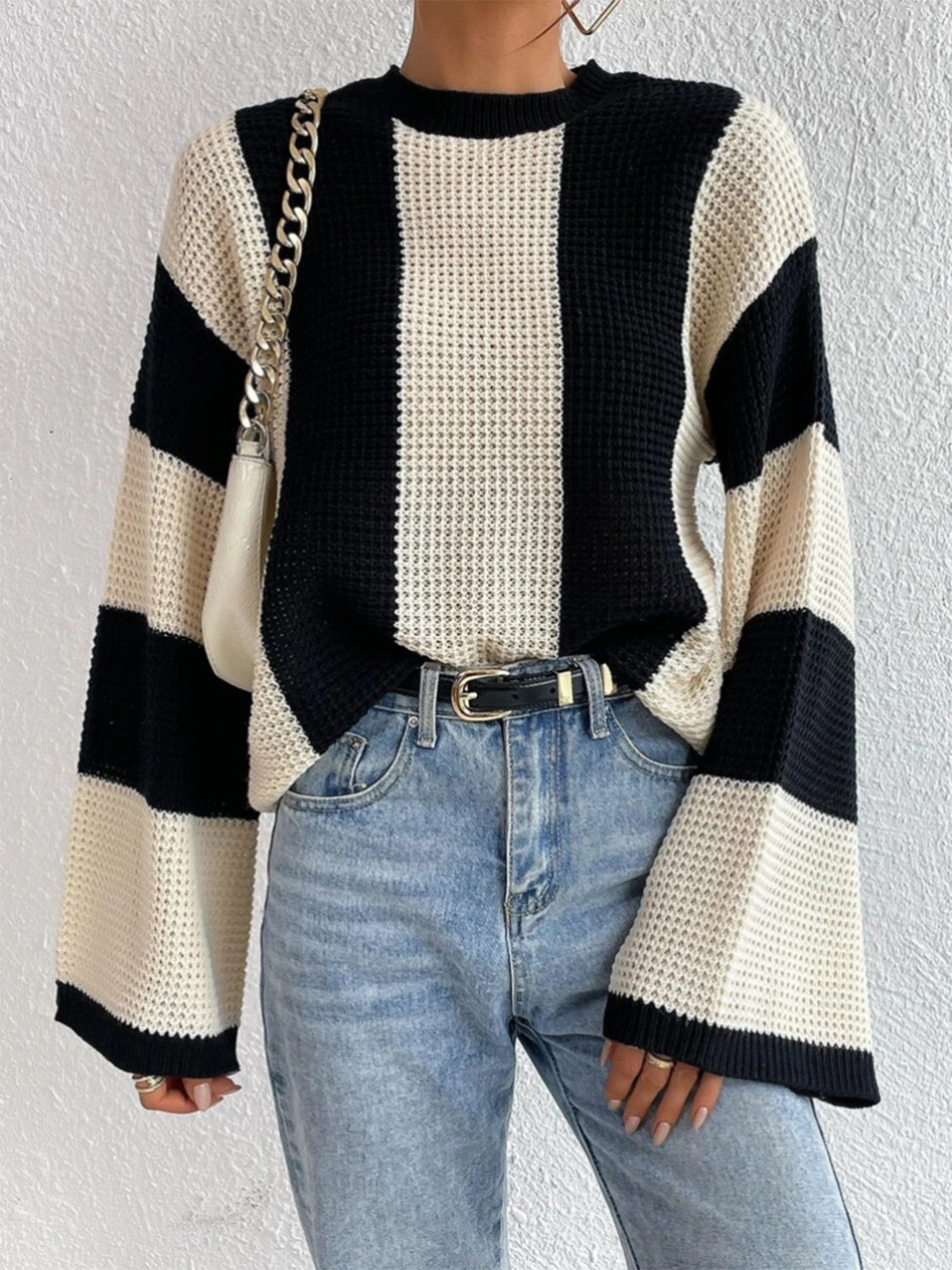 Striped Mock Neck Long Sleeve Sweater - Tantalize Boutique