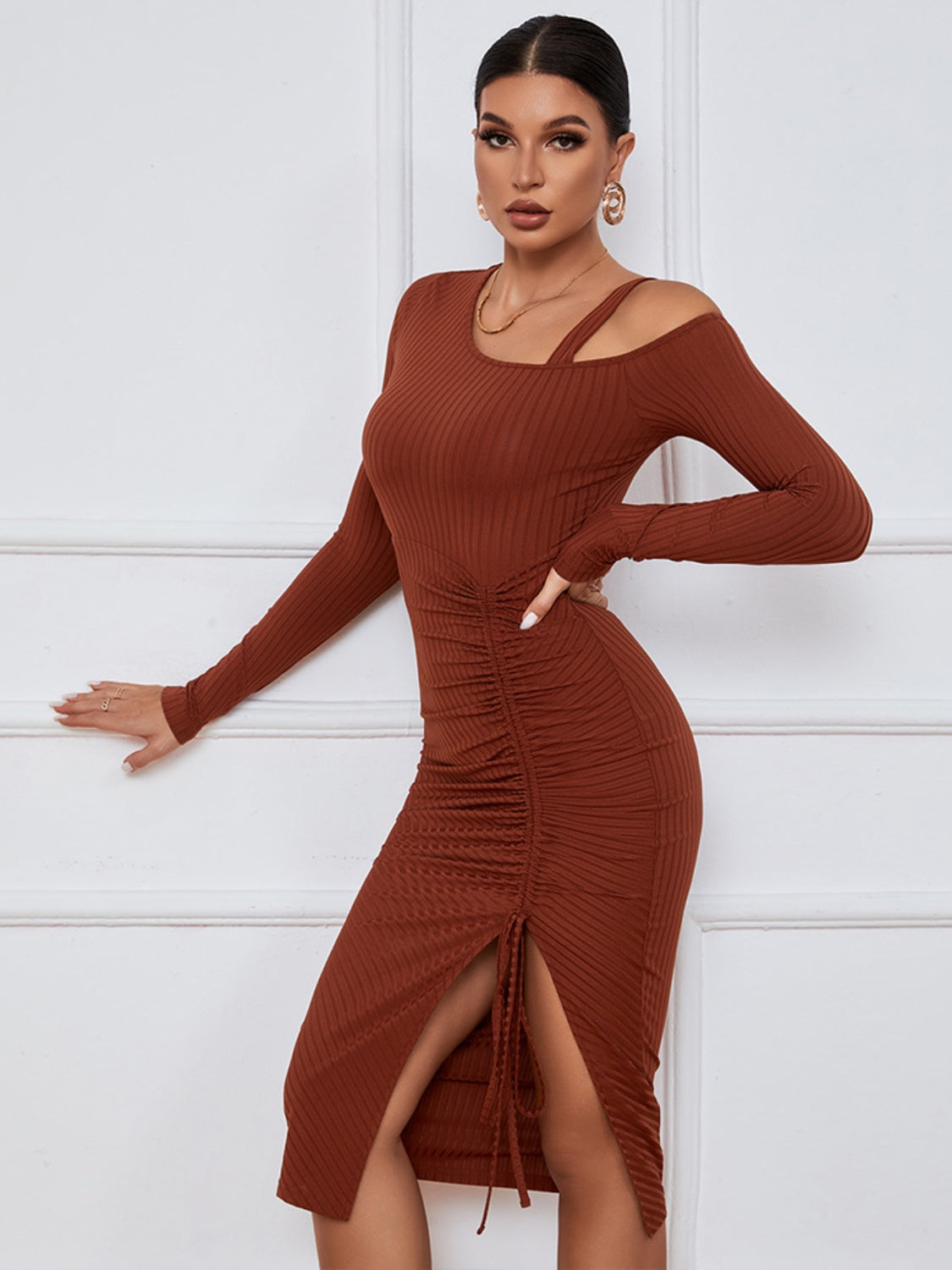 Ribbed Ruched Drawstring Wrap Dress - Tantalize Boutique