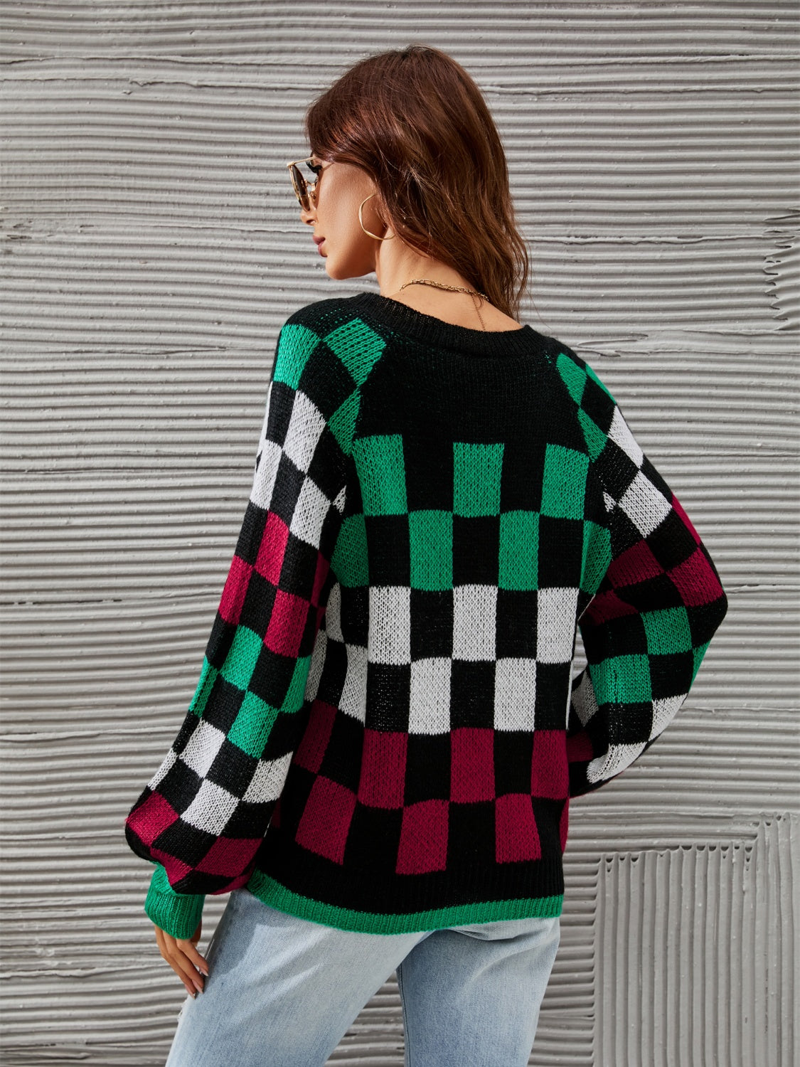 Checkered V-Neck Lantern Sleeve Sweater - Tantalize Boutique