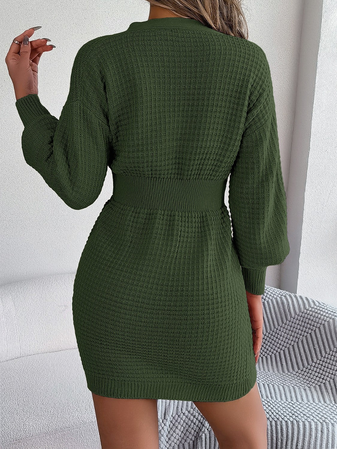 Buttoned Cable-Knit V-Neck Sweater Dress - Tantalize Boutique