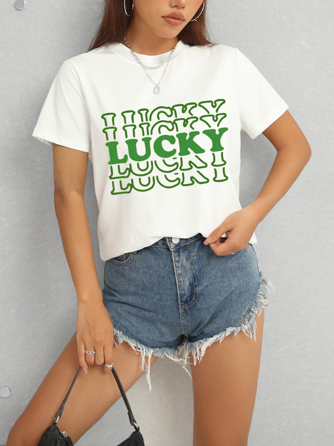 LUCKY Round Neck Short Sleeve T-Shirt - Tantalize Boutique