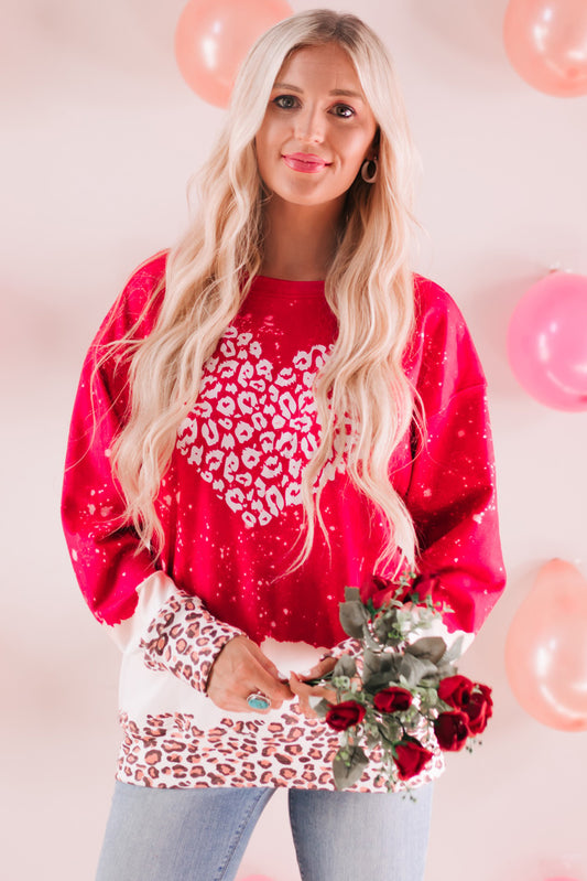 Heart Leopard Round Neck Sweatshirt - Tantalize Boutique