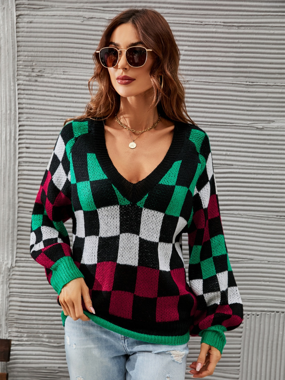 Checkered V-Neck Lantern Sleeve Sweater - Tantalize Boutique
