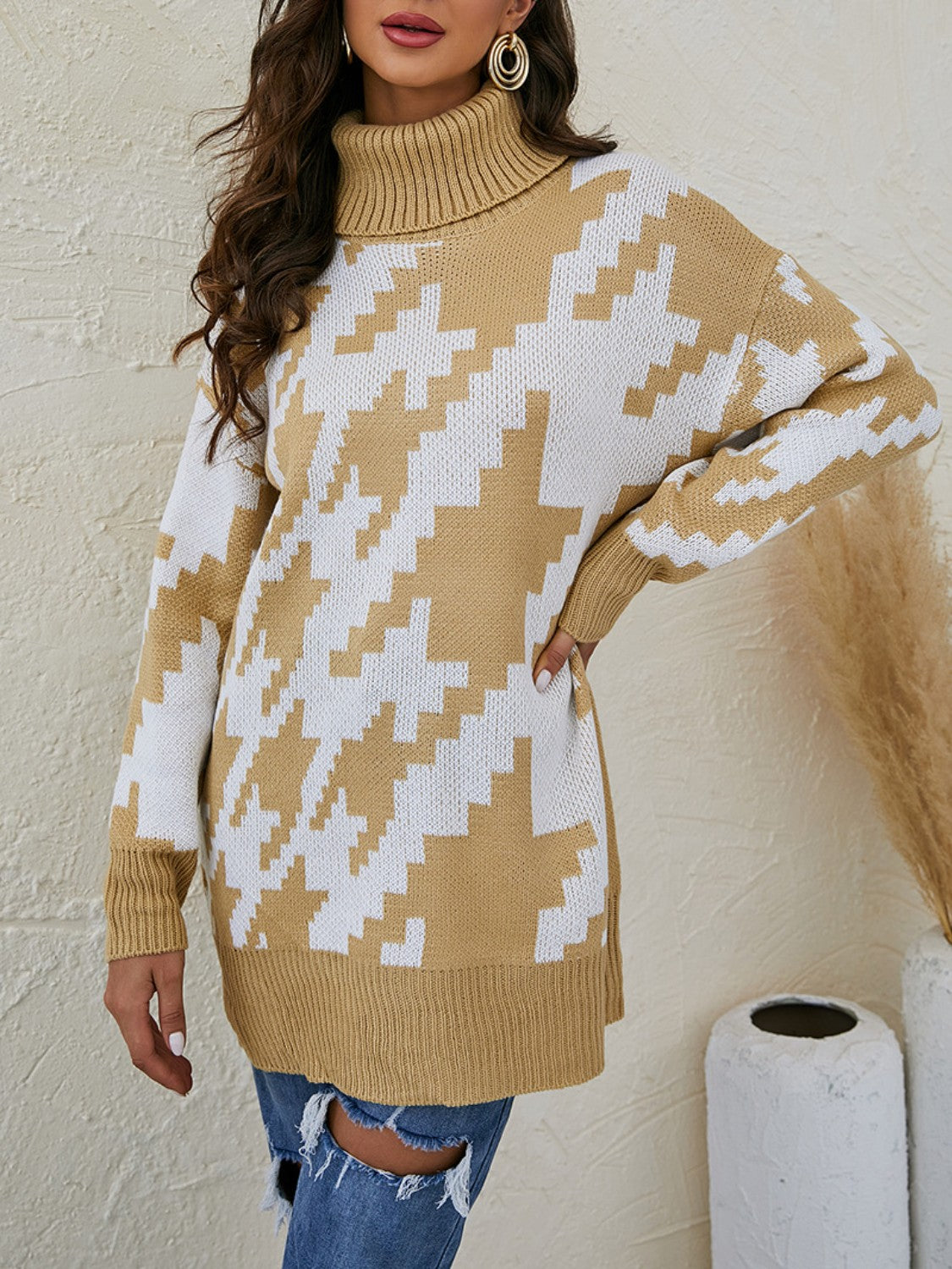 Turtleneck Dropped Shoulder Mini Sweater Dress - Tantalize Boutique