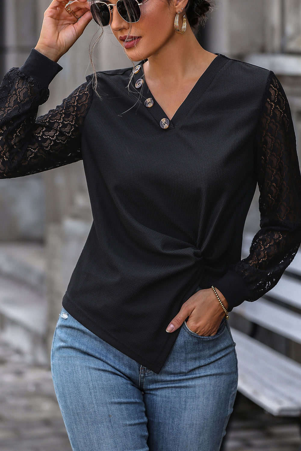 Twisted Decorative Button Long Sleeve T-Shirt - Tantalize Boutique