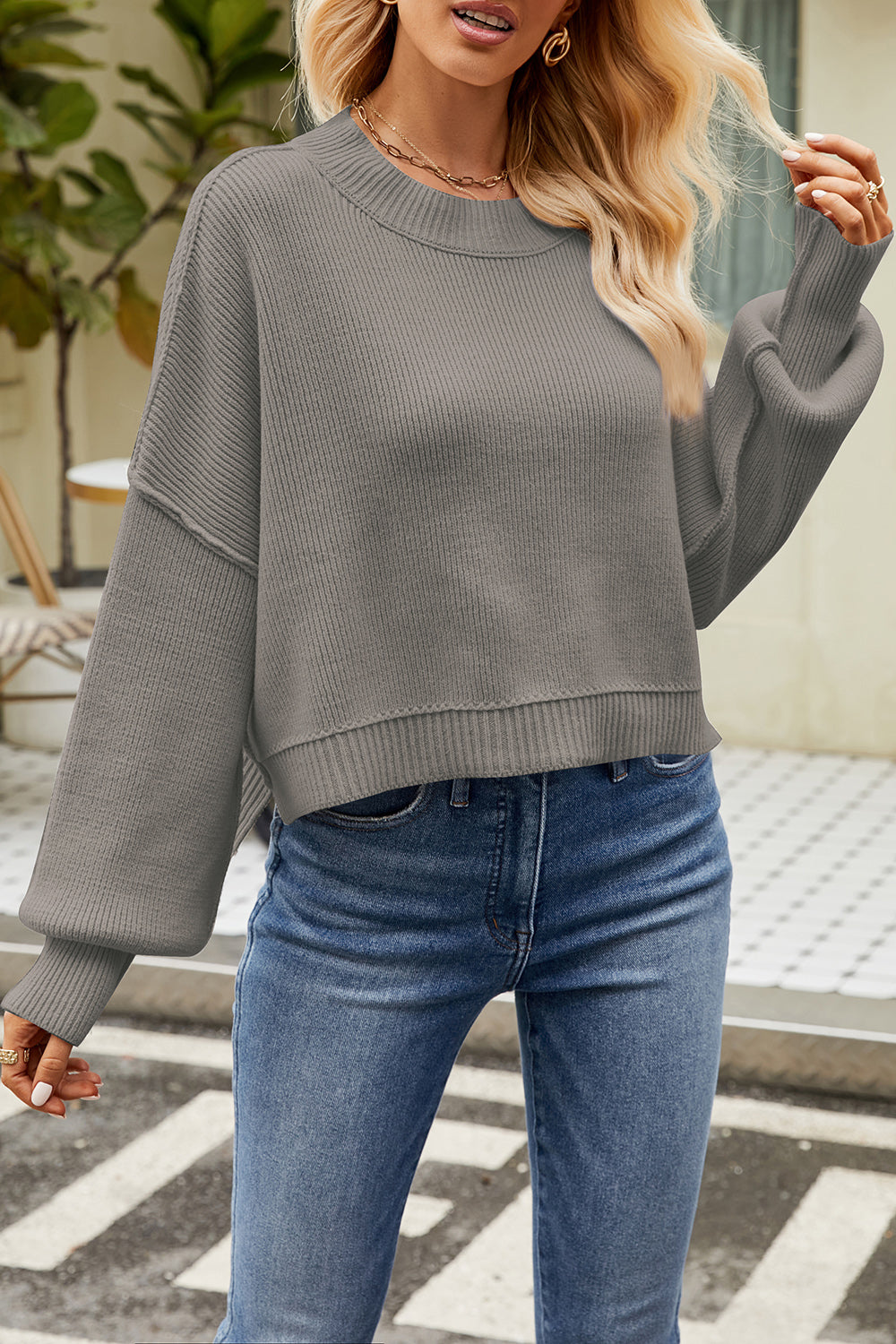 Round Neck Dropped Shoulder Sweater - Tantalize Boutique