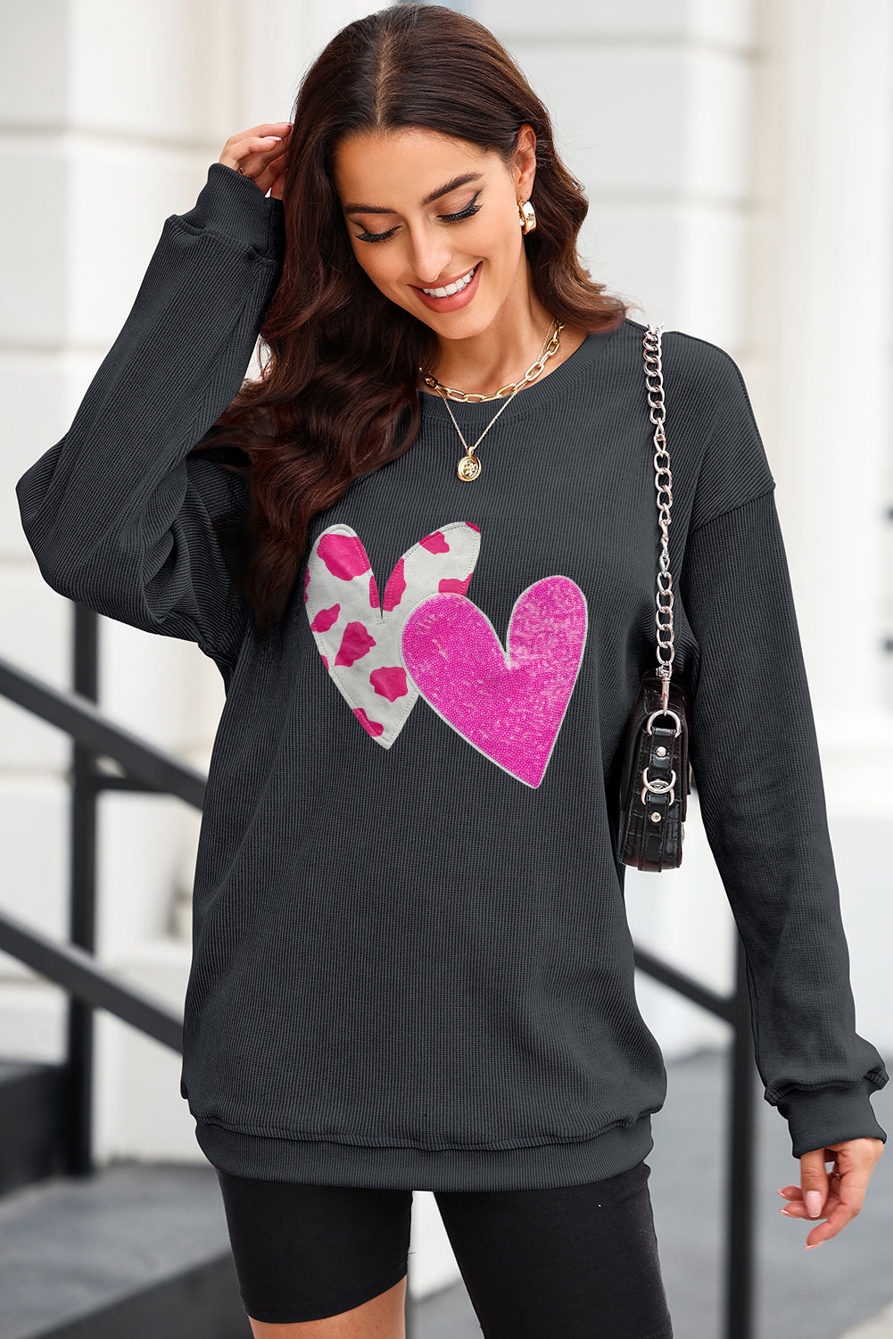 Heart Round Neck Dropped Shoulder Sweatshirt - Tantalize Boutique