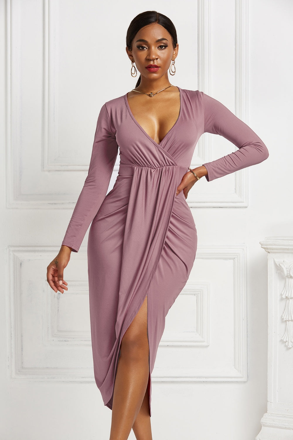 High-low Ruched Surplice Long Sleeve Dress - Tantalize Boutique