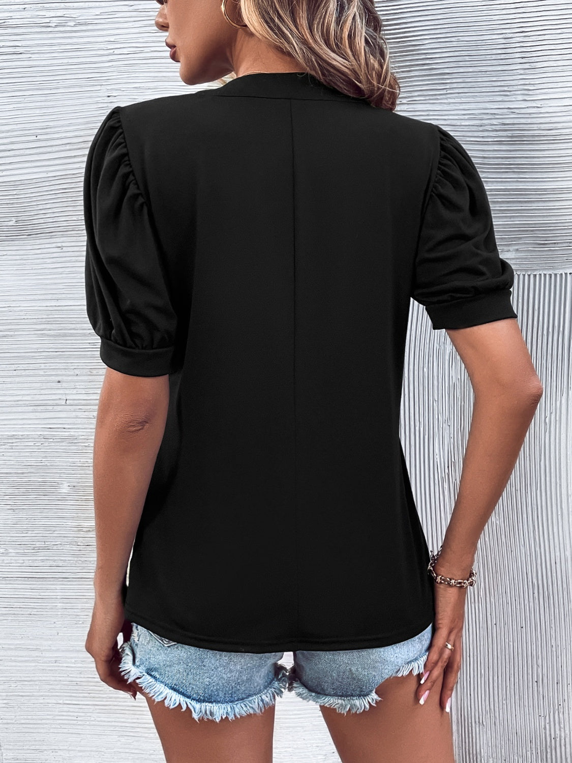 Notched Puff Sleeve Blouse - Tantalize Boutique